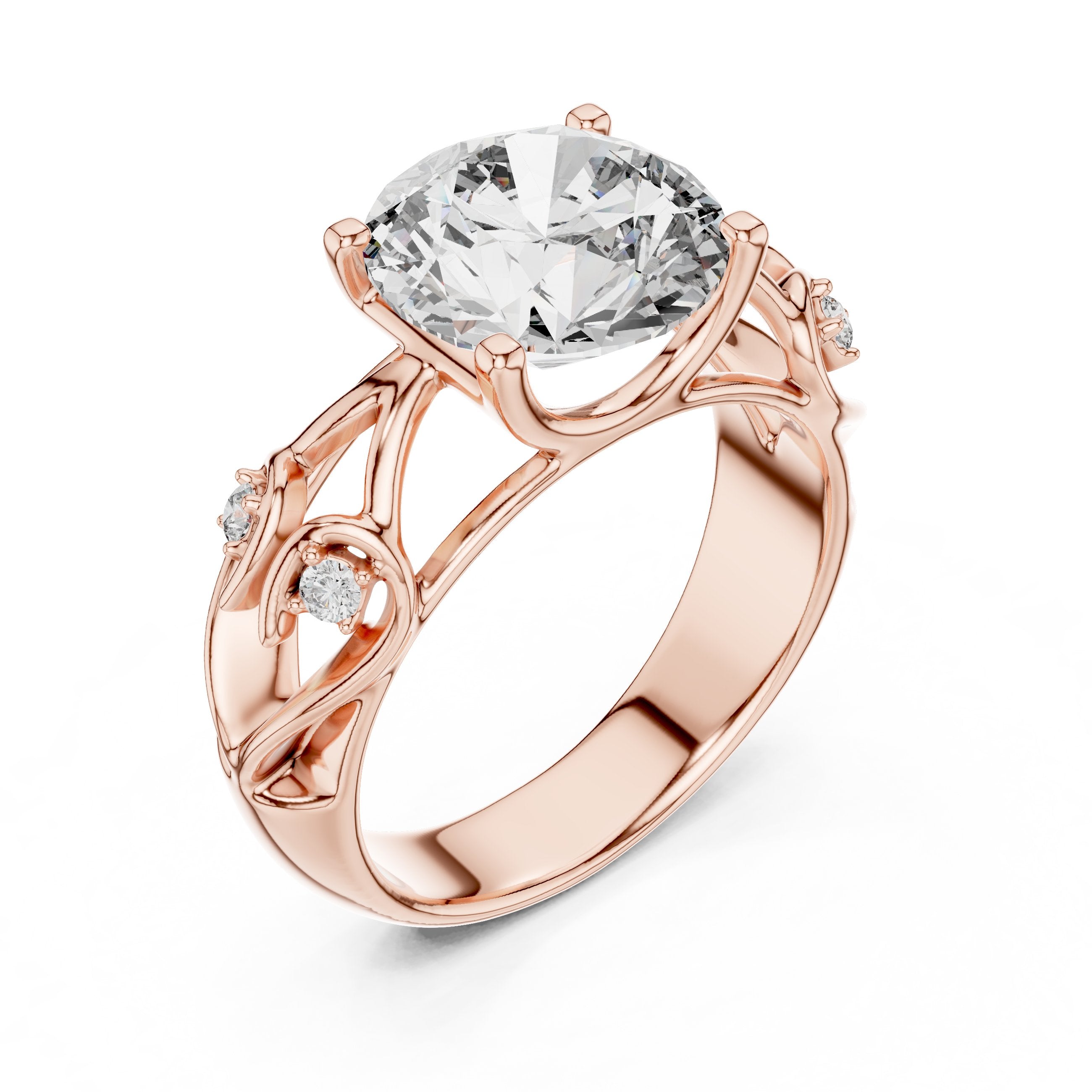 Round Diamond Solitaire Engagement Ring with Sculpted Floral Openwork Band in Rose Gold - VYKA Diamonds