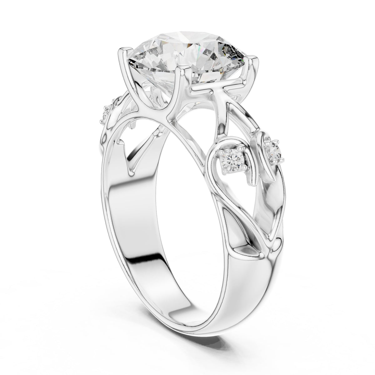 Round Diamond Solitaire Engagement Ring with Sculpted Floral Openwork Band