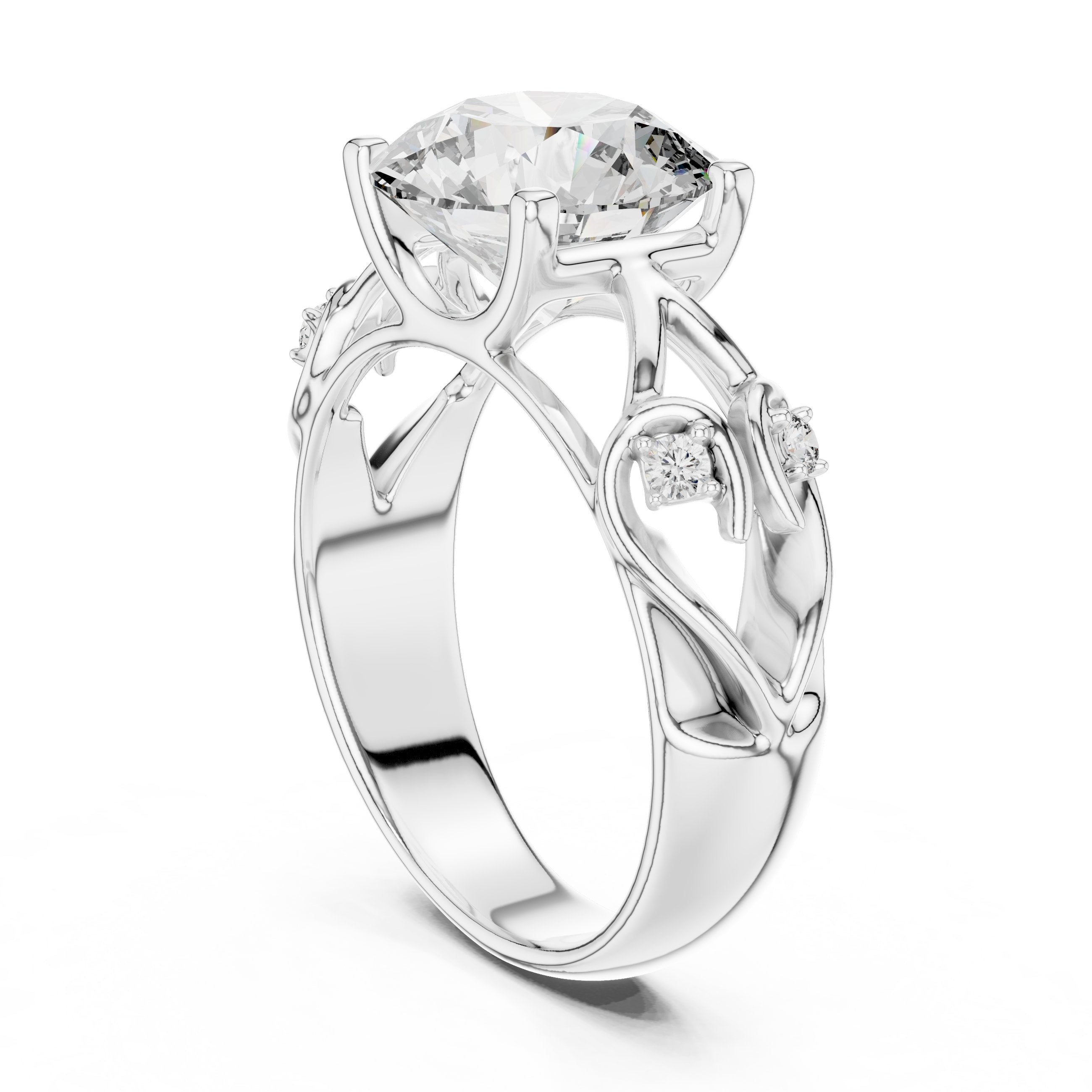 Round Diamond Solitaire Engagement Ring with Sculpted Floral Openwork Band in White Gold - VYKA Diamonds