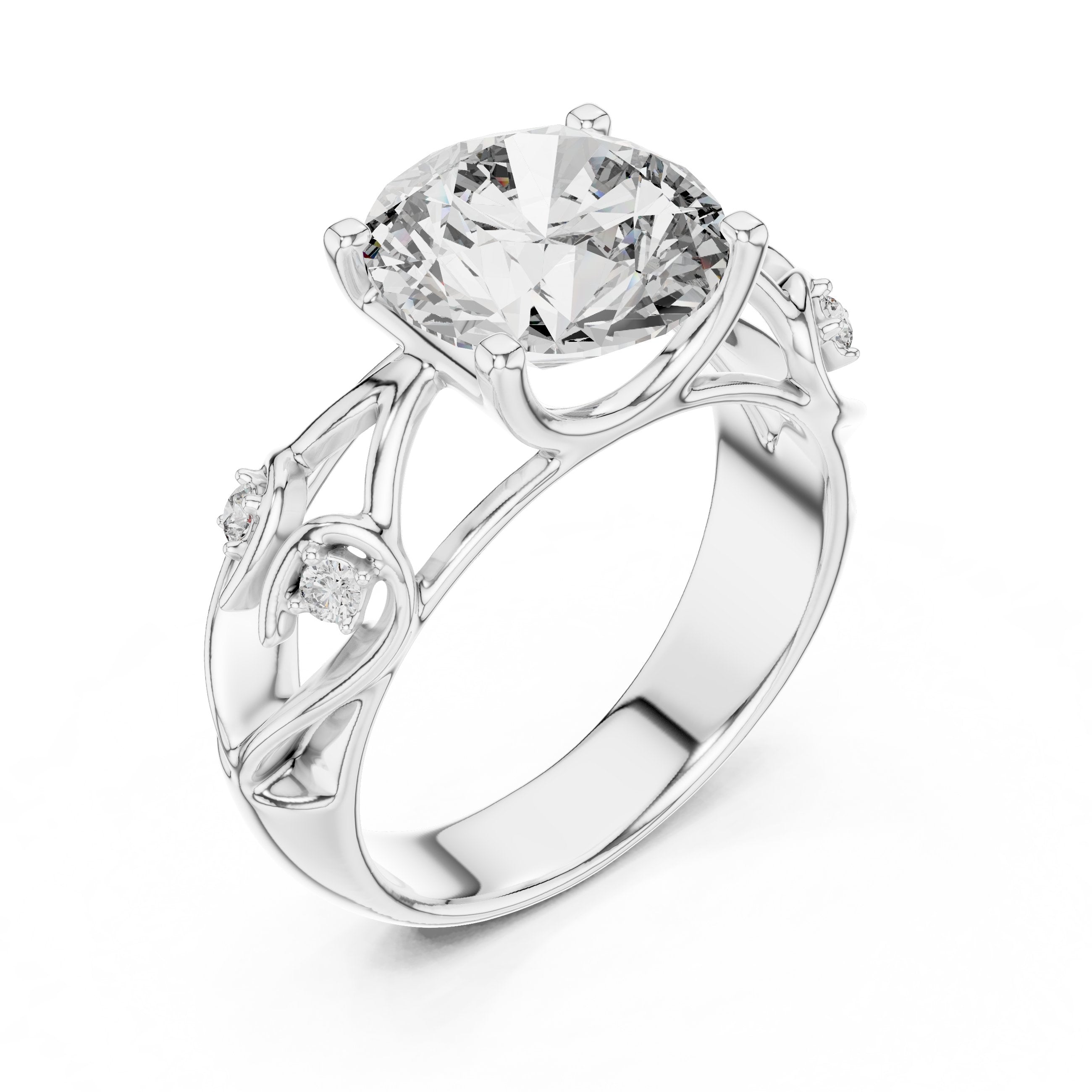 Round Diamond Solitaire Engagement Ring with Sculpted Floral Openwork Band in White Gold - VYKA Diamonds