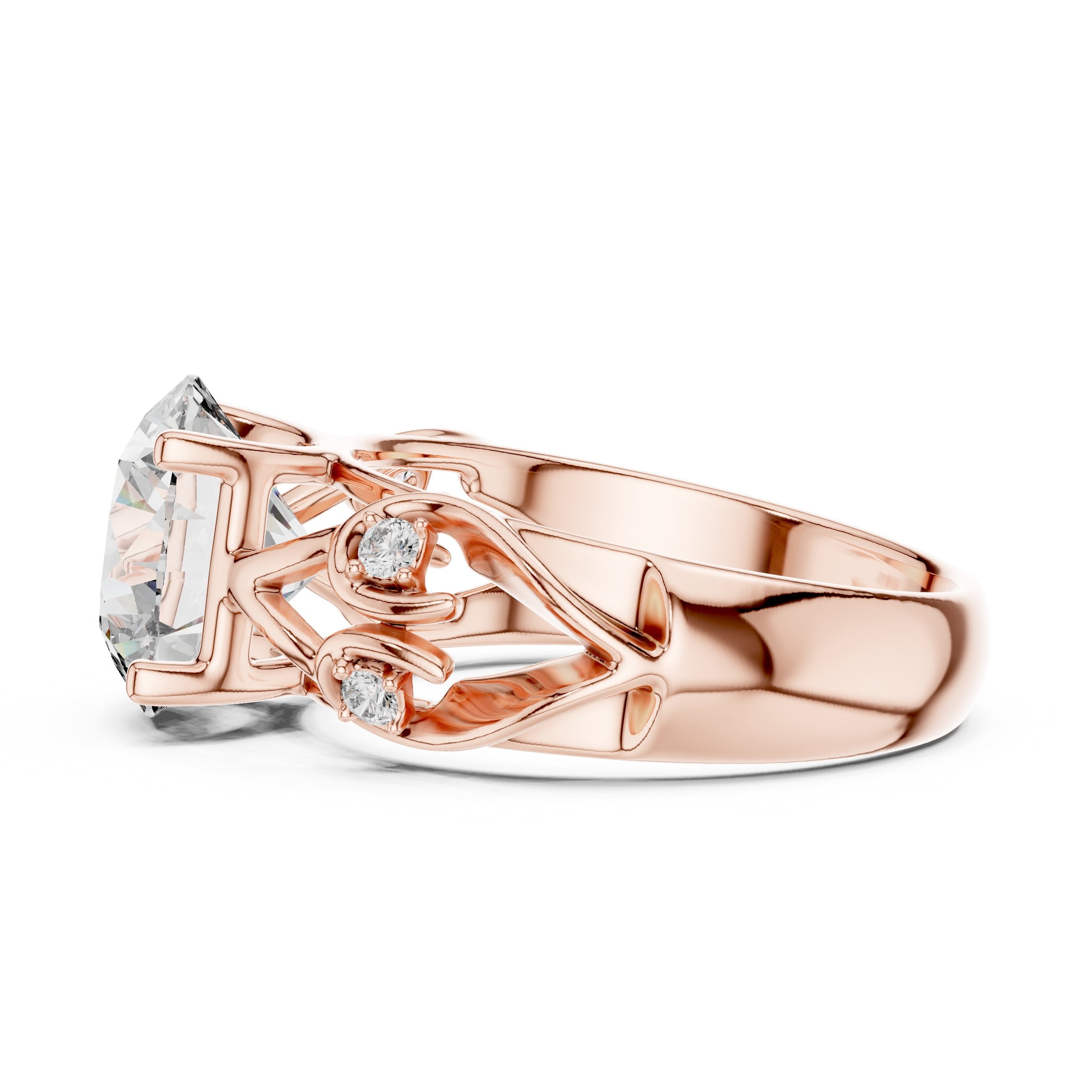Round Diamond Solitaire Engagement Ring with Sculpted Floral Openwork Band in Rose Gold - VYKA Diamonds