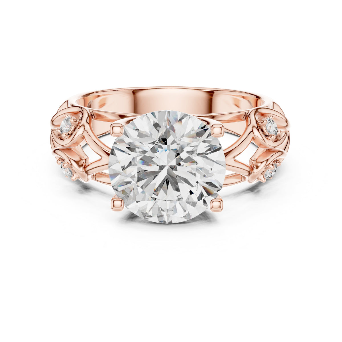 Round Diamond Solitaire Engagement Ring with Sculpted Floral Openwork Band