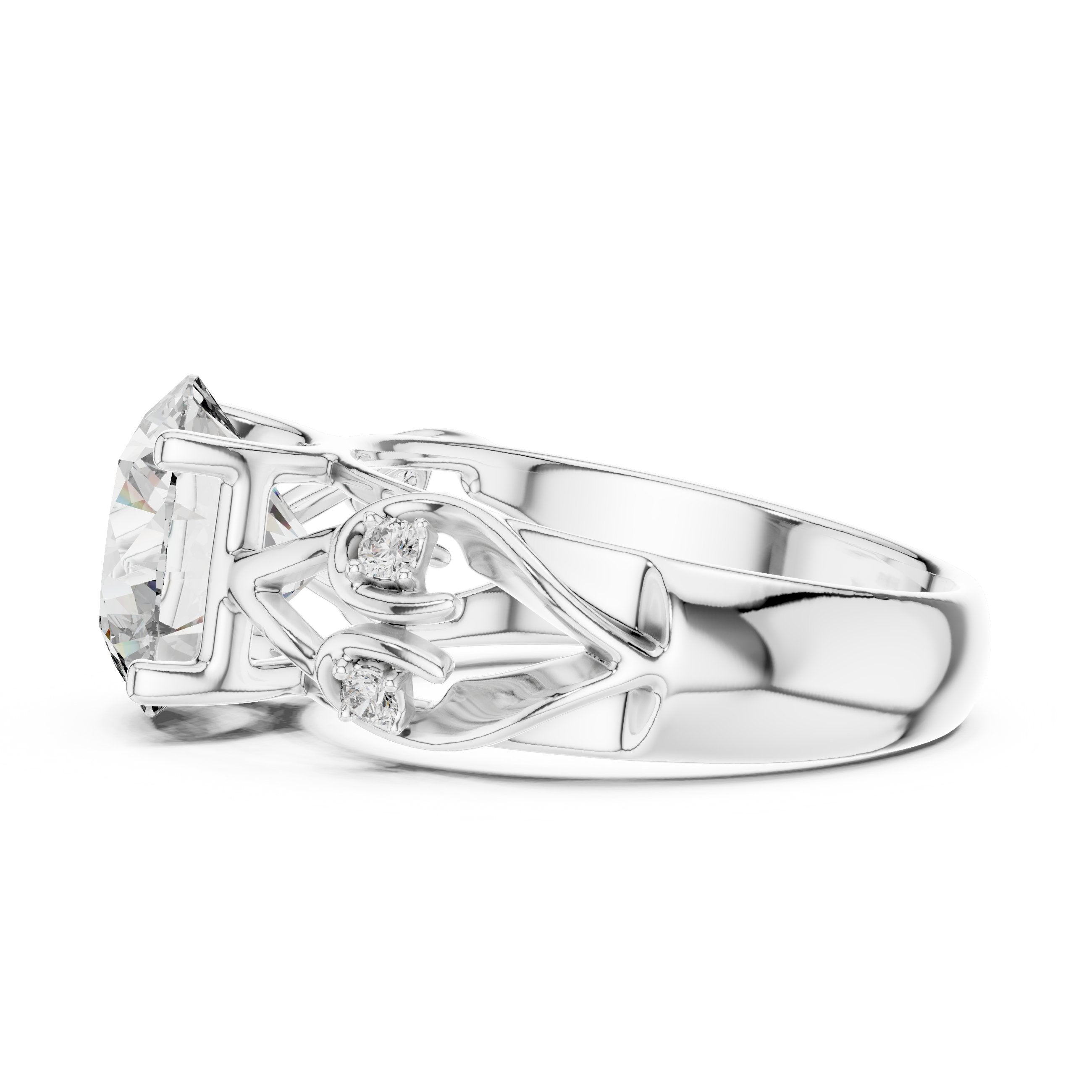 Round Diamond Solitaire Engagement Ring with Sculpted Floral Openwork Band in White Gold - VYKA Diamonds
