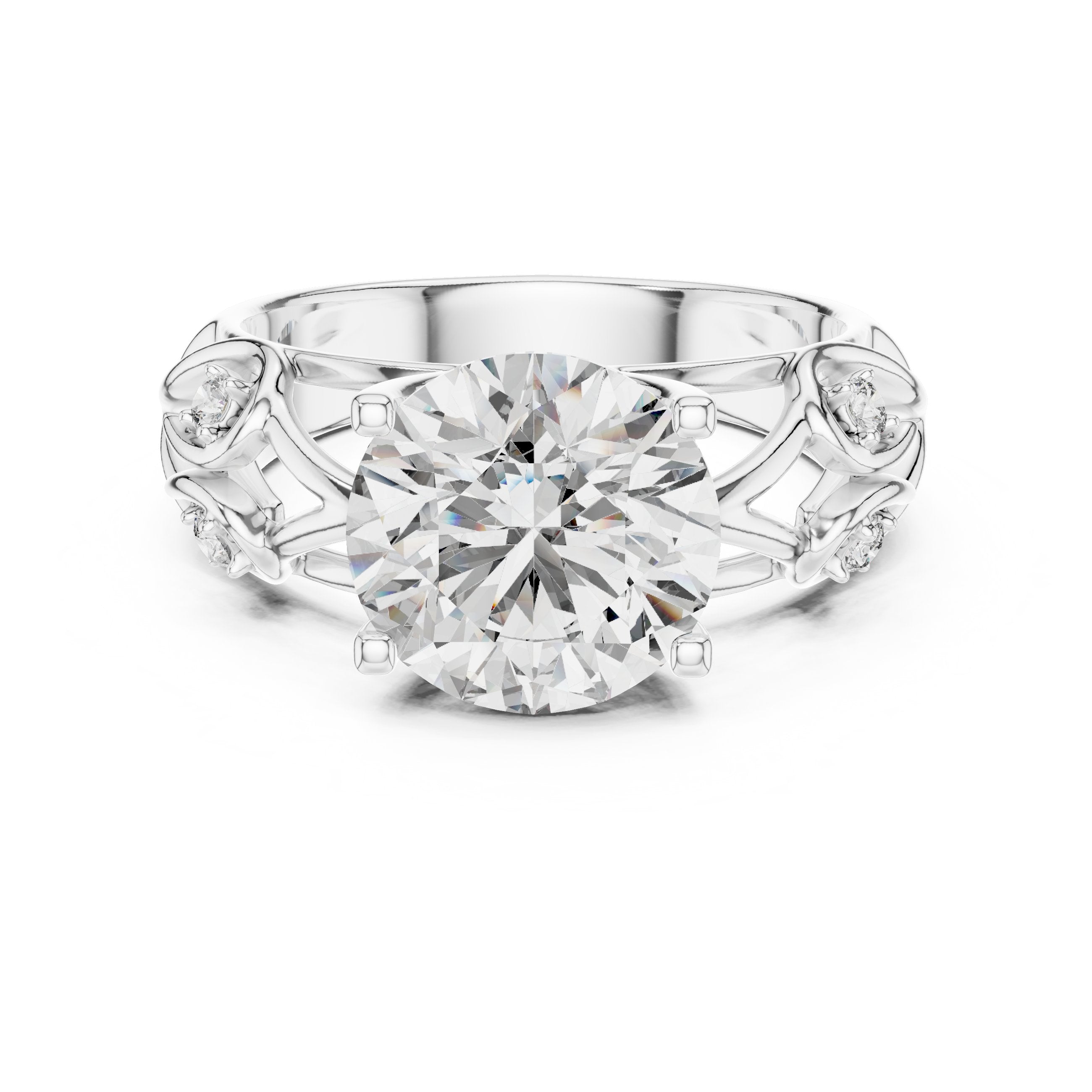 Round Diamond Solitaire Engagement Ring with Sculpted Floral Openwork Band in White Gold - VYKA Diamonds