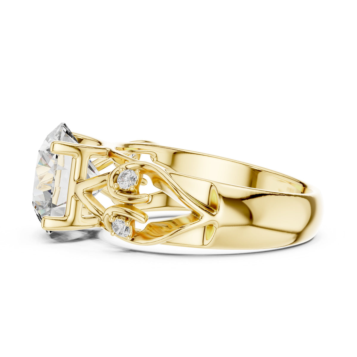Round Diamond Solitaire Engagement Ring with Sculpted Floral Openwork Band