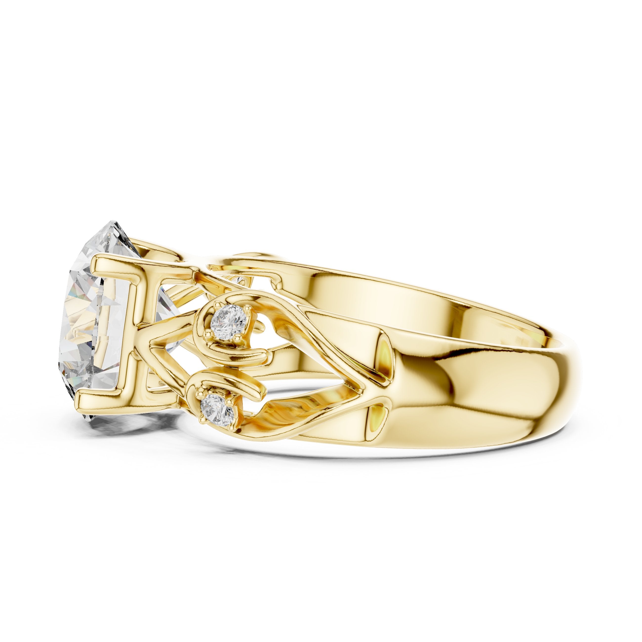 Round Diamond Solitaire Engagement Ring with Sculpted Floral Openwork Band in Yellow Gold - VYKA Diamonds