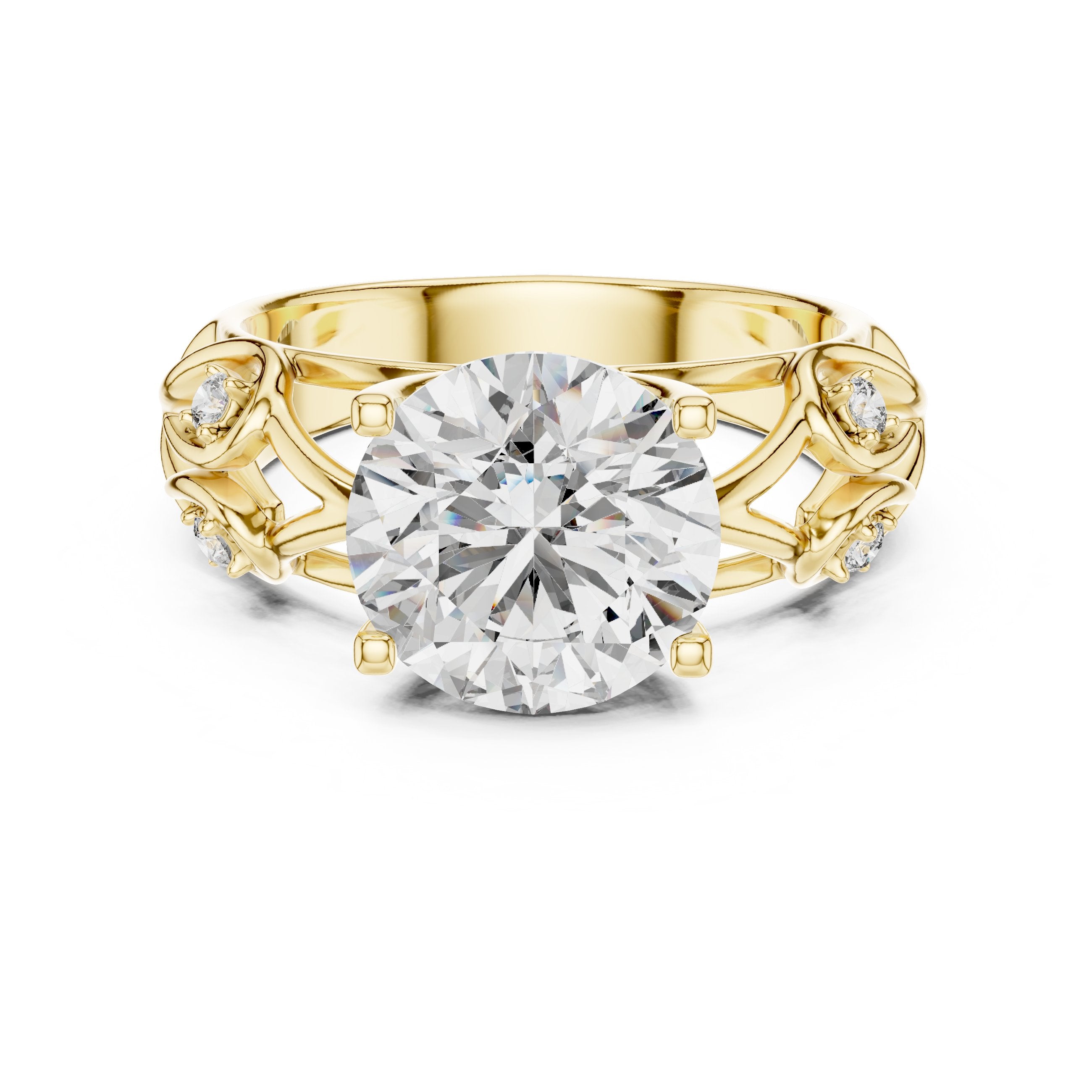 Round Diamond Solitaire Engagement Ring with Sculpted Floral Openwork Band in Yellow Gold - VYKA Diamonds