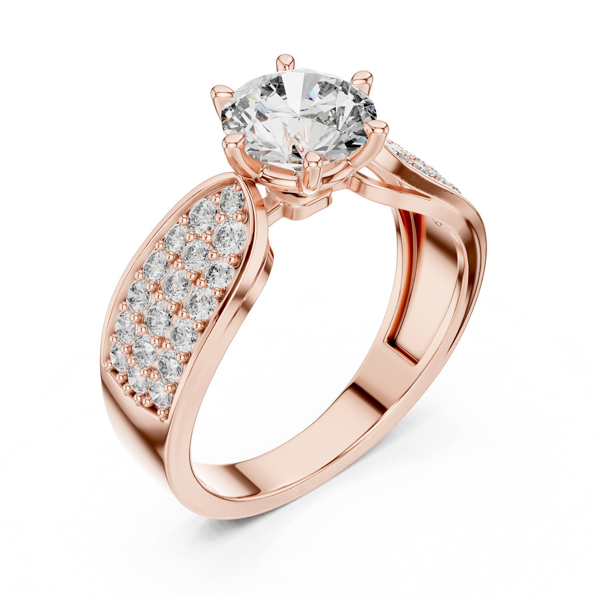 Round Diamond Engagement Ring with Wide Pavé Band