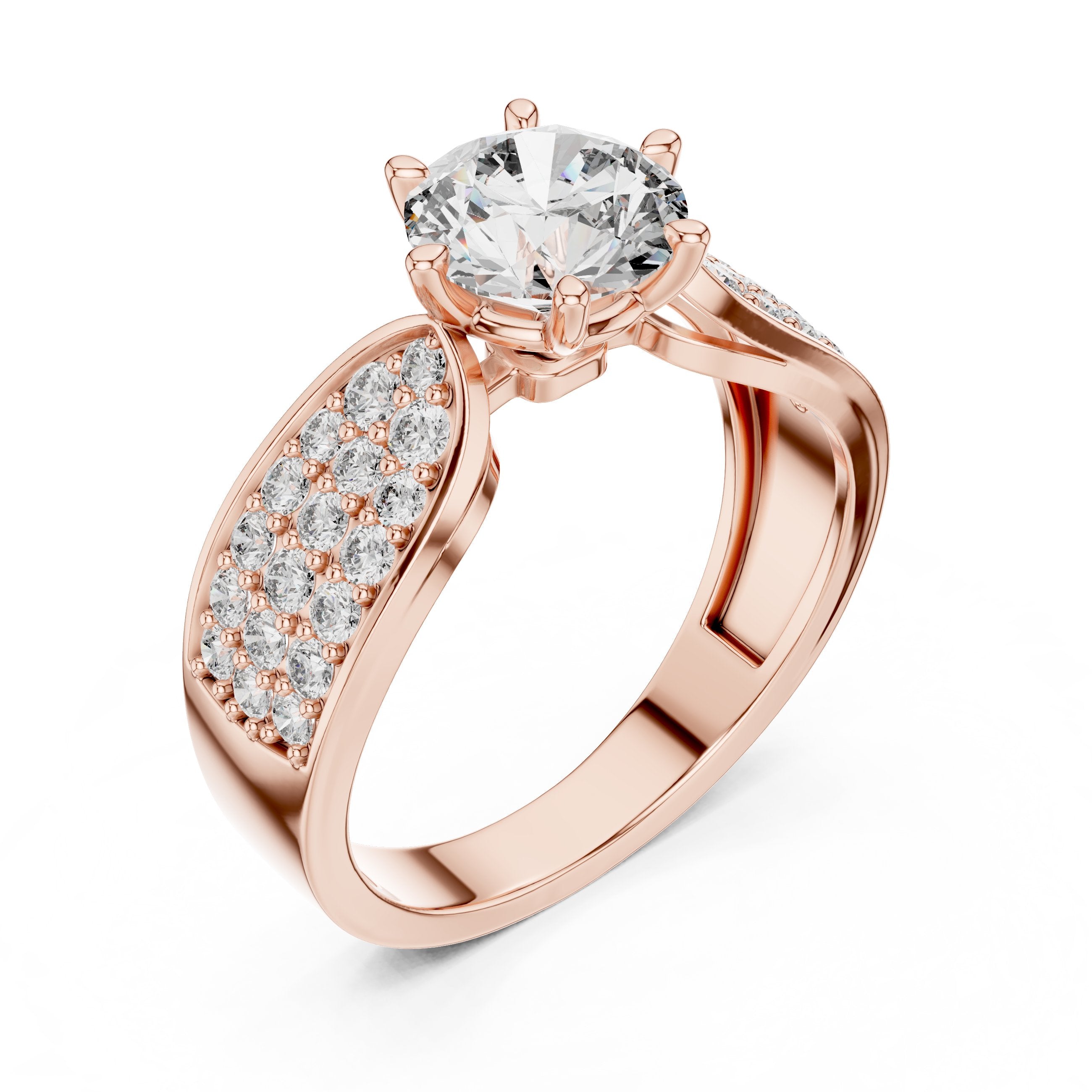 Round Diamond Engagement Ring with Wide Pavé Band in Rose Gold - VYKA Diamonds