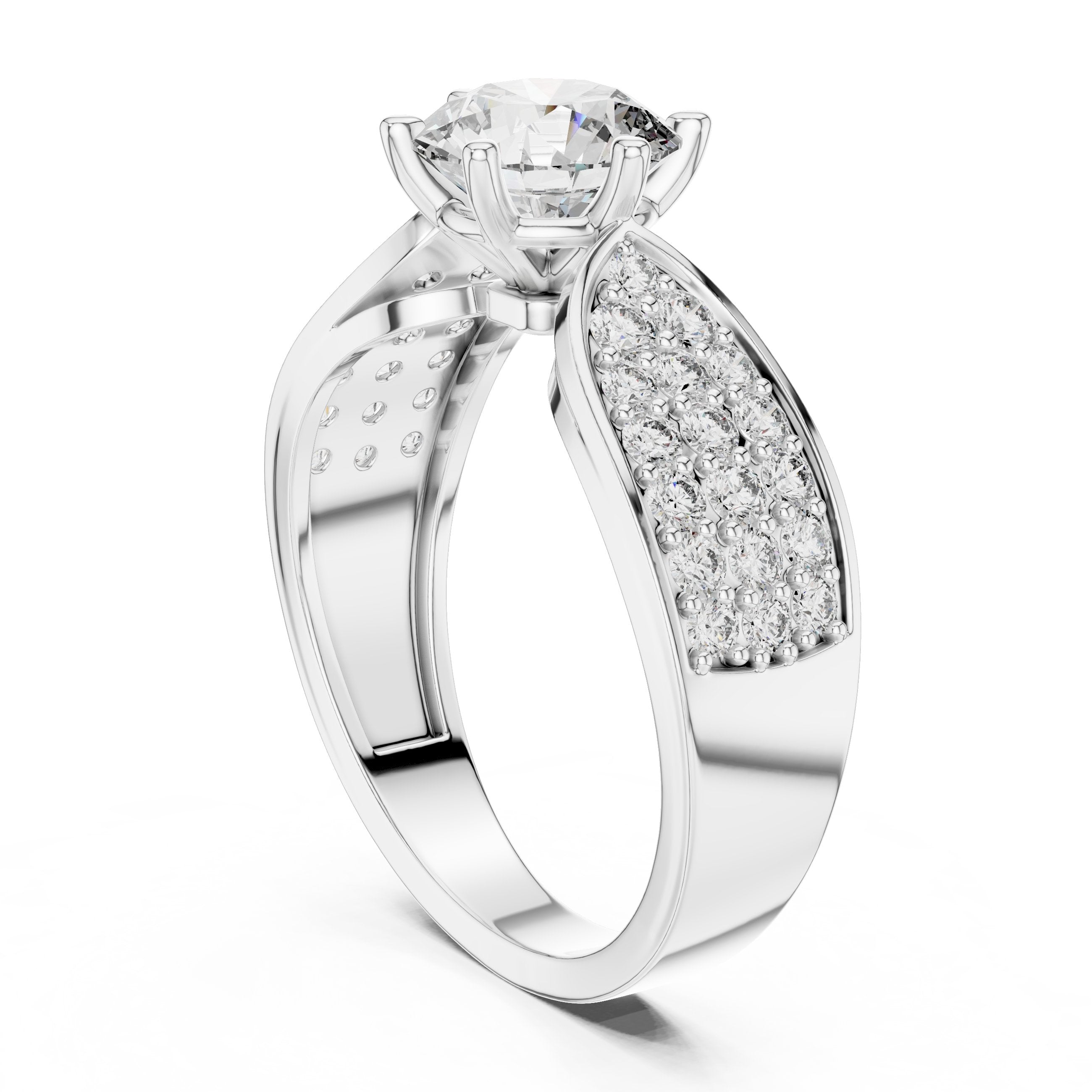 Round Diamond Engagement Ring with Wide Pavé Band in White Gold - VYKA Diamonds
