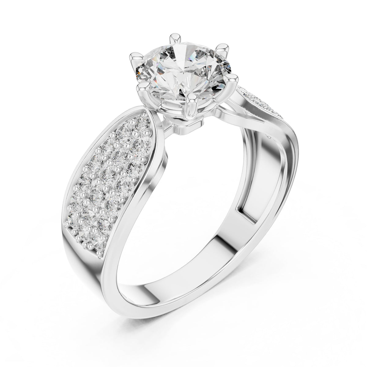 Round Diamond Engagement Ring with Wide Pavé Band