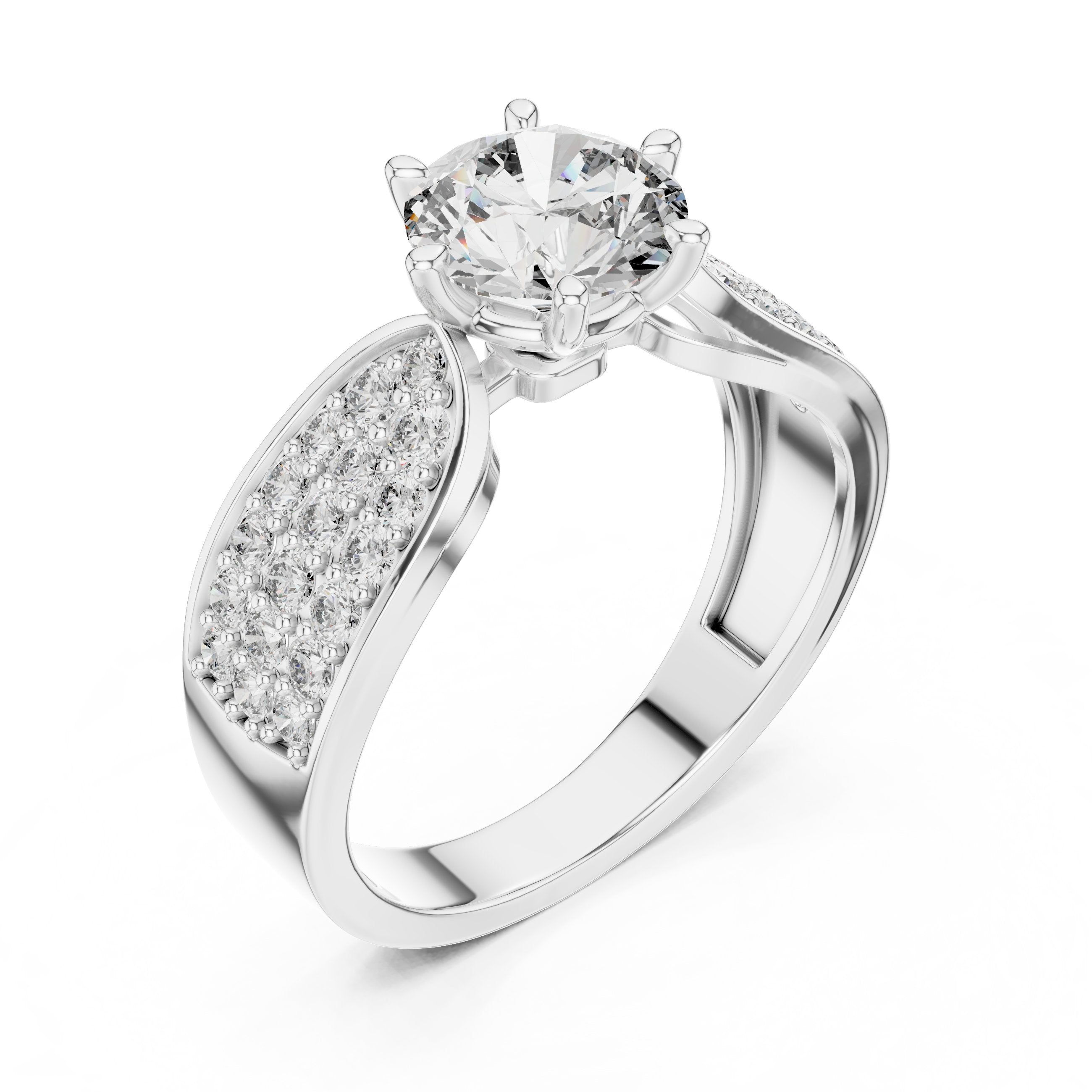Round Diamond Engagement Ring with Wide Pavé Band in White Gold - VYKA Diamonds