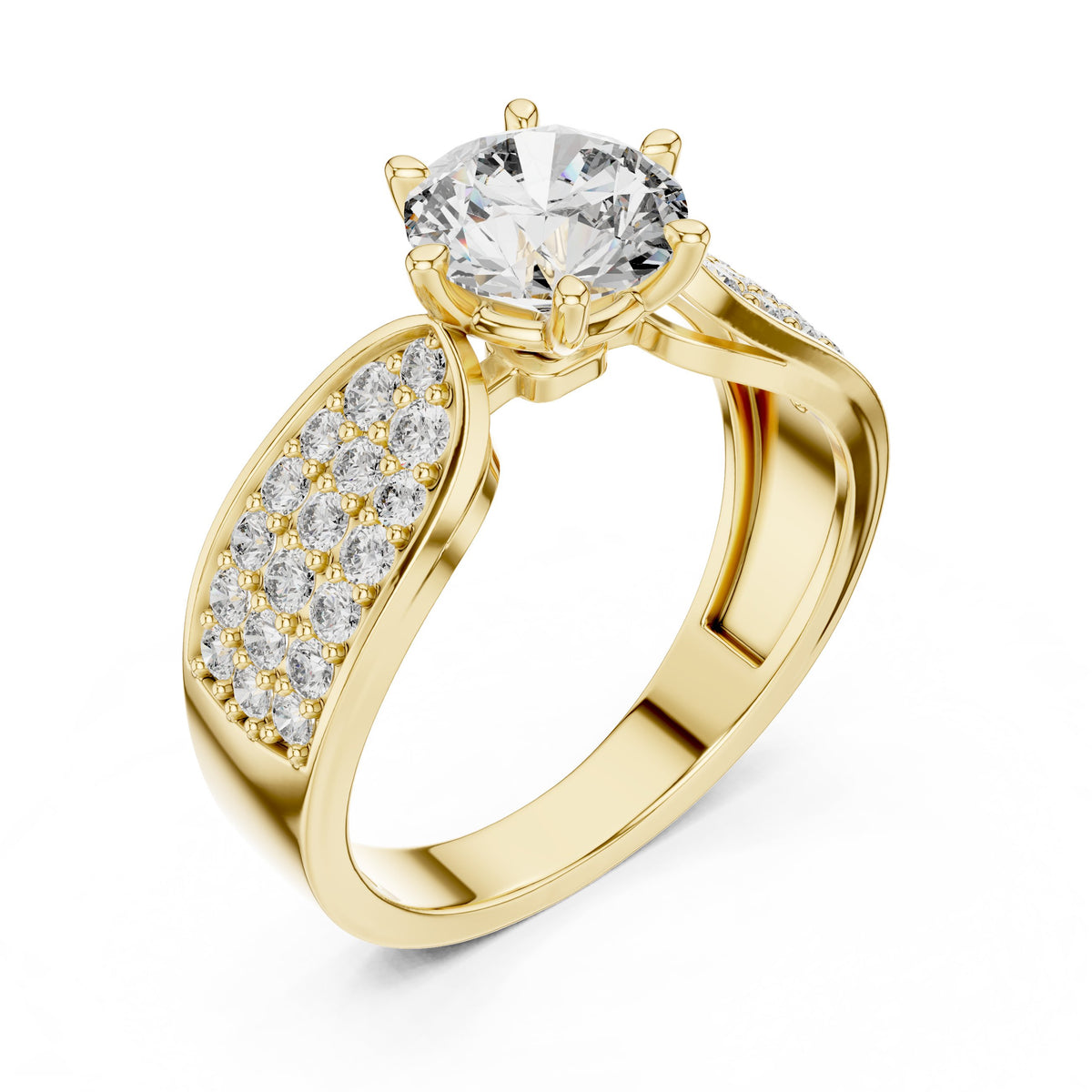 Round Diamond Engagement Ring with Wide Pavé Band