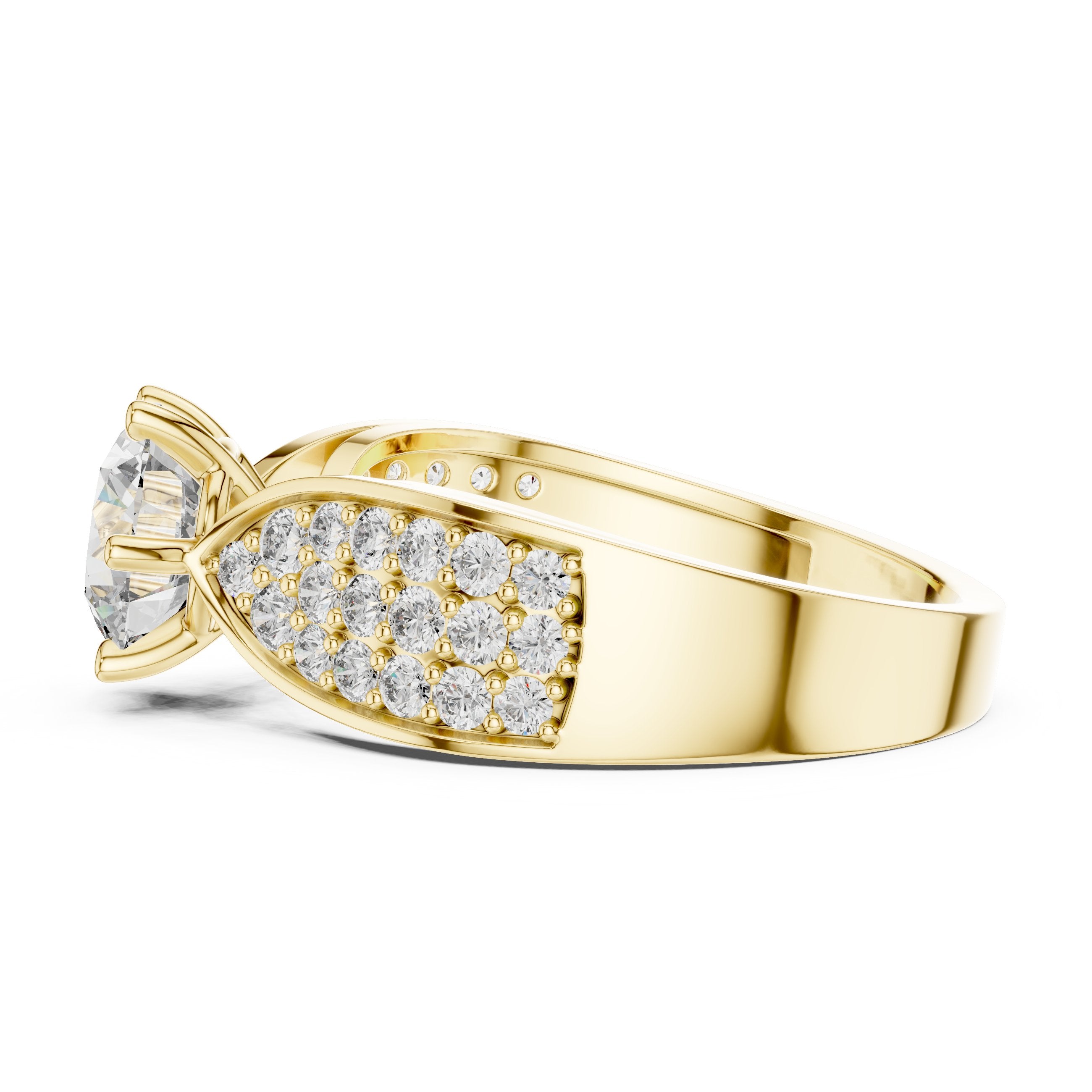 Round Diamond Engagement Ring with Wide Pavé Band in Yellow Gold - VYKA Diamonds