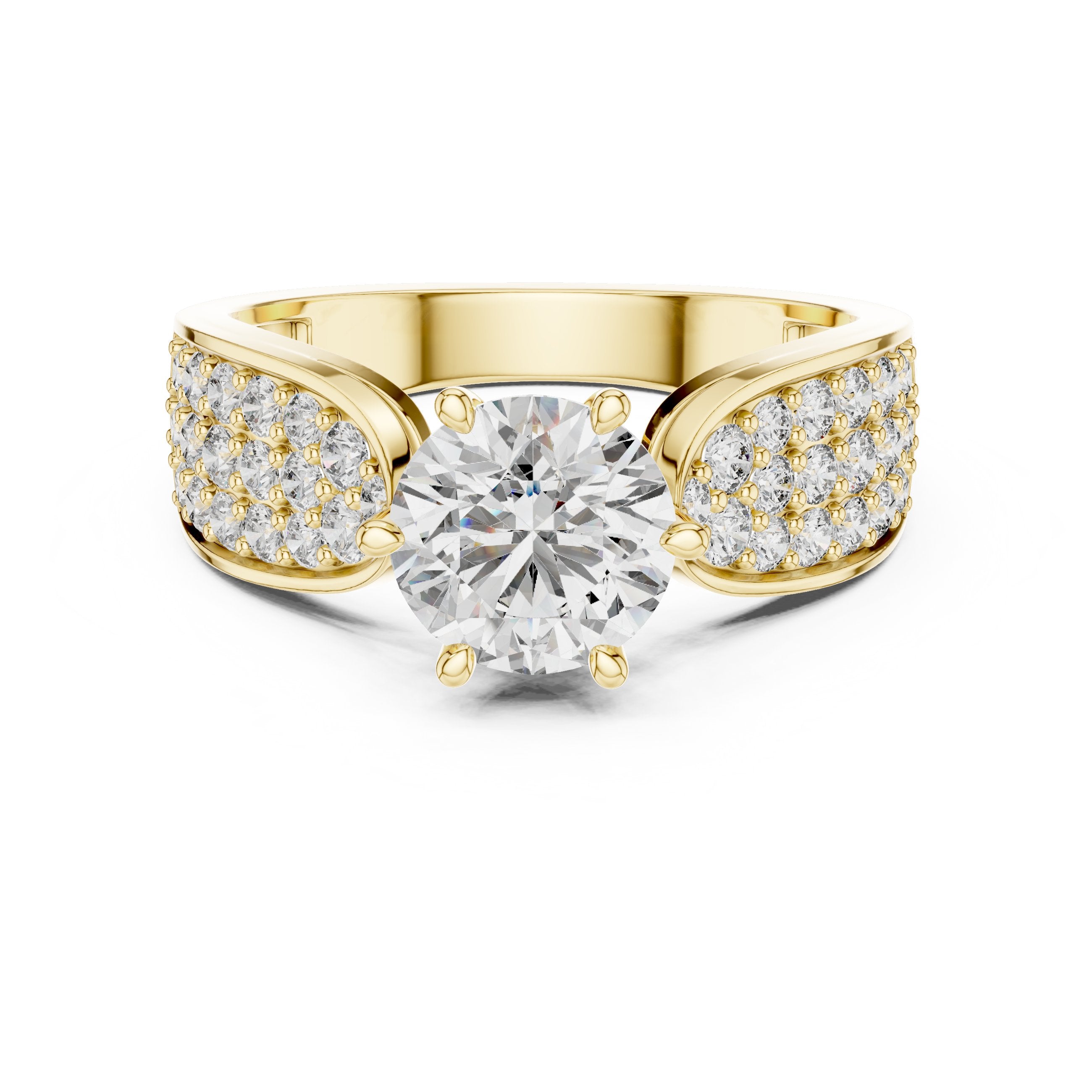 Round Diamond Engagement Ring with Wide Pavé Band in Yellow Gold - VYKA Diamonds