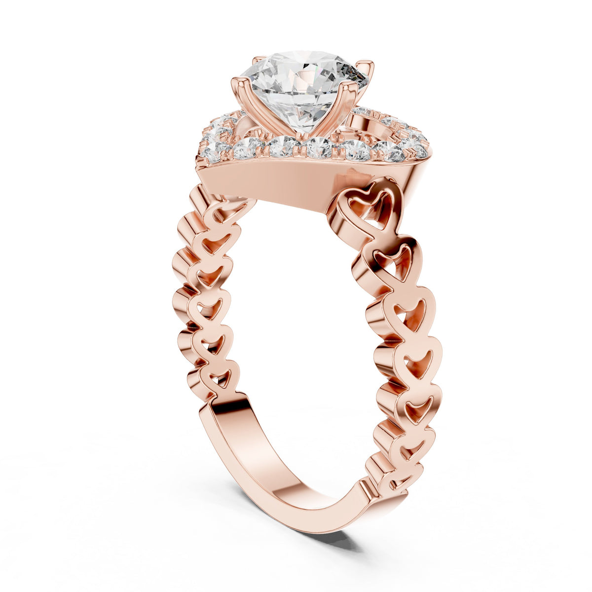 Round Diamond Heart Halo Engagement Ring with Decorative Open Band