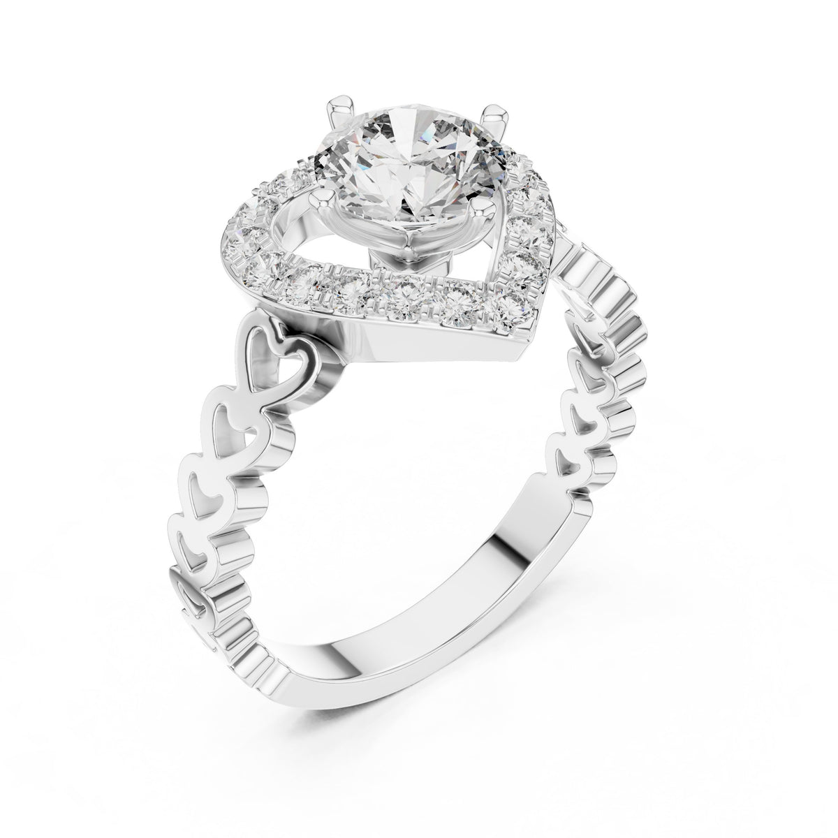 Round Diamond Heart Halo Engagement Ring with Decorative Open Band