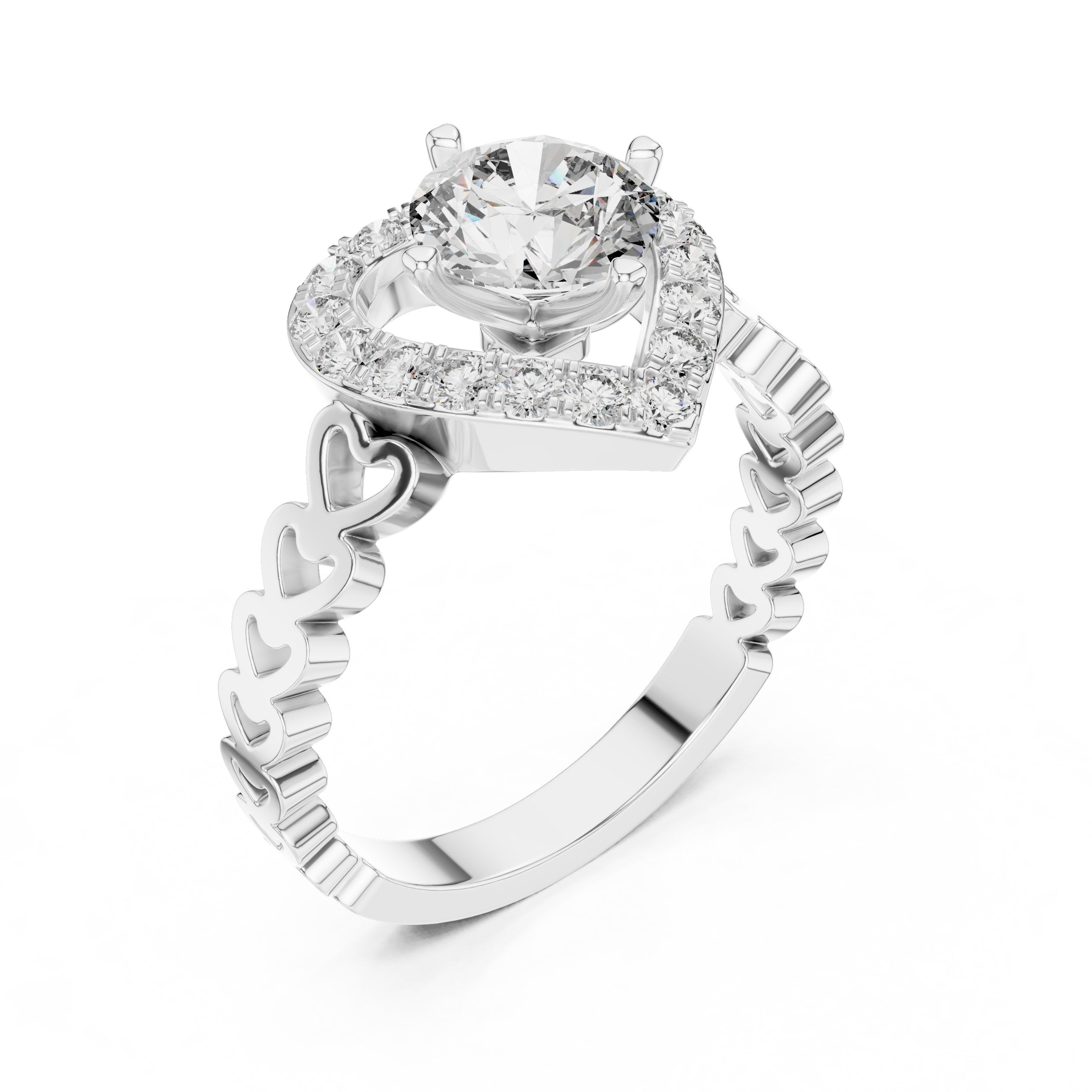 خاتم خطوبة بألماسة مستديرة بهالة قلبية مع سوار مفتوح زخرفي in White Gold - VYKA Diamonds