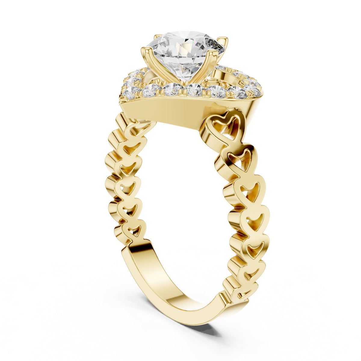 Round Diamond Heart Halo Engagement Ring with Decorative Open Band