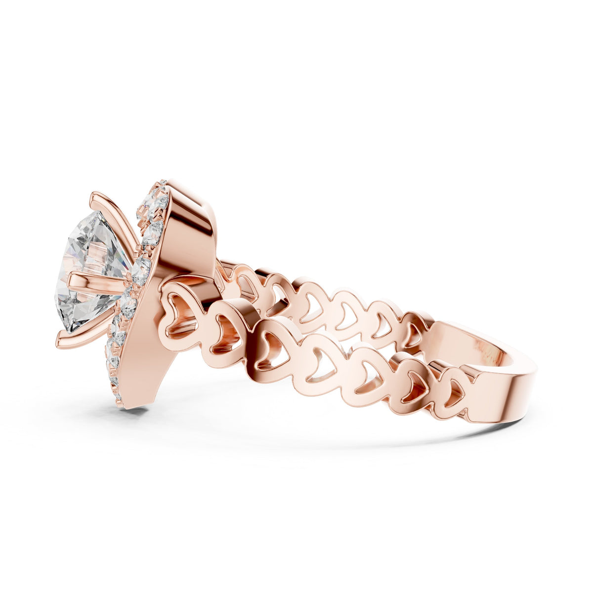 Round Diamond Heart Halo Engagement Ring with Decorative Open Band