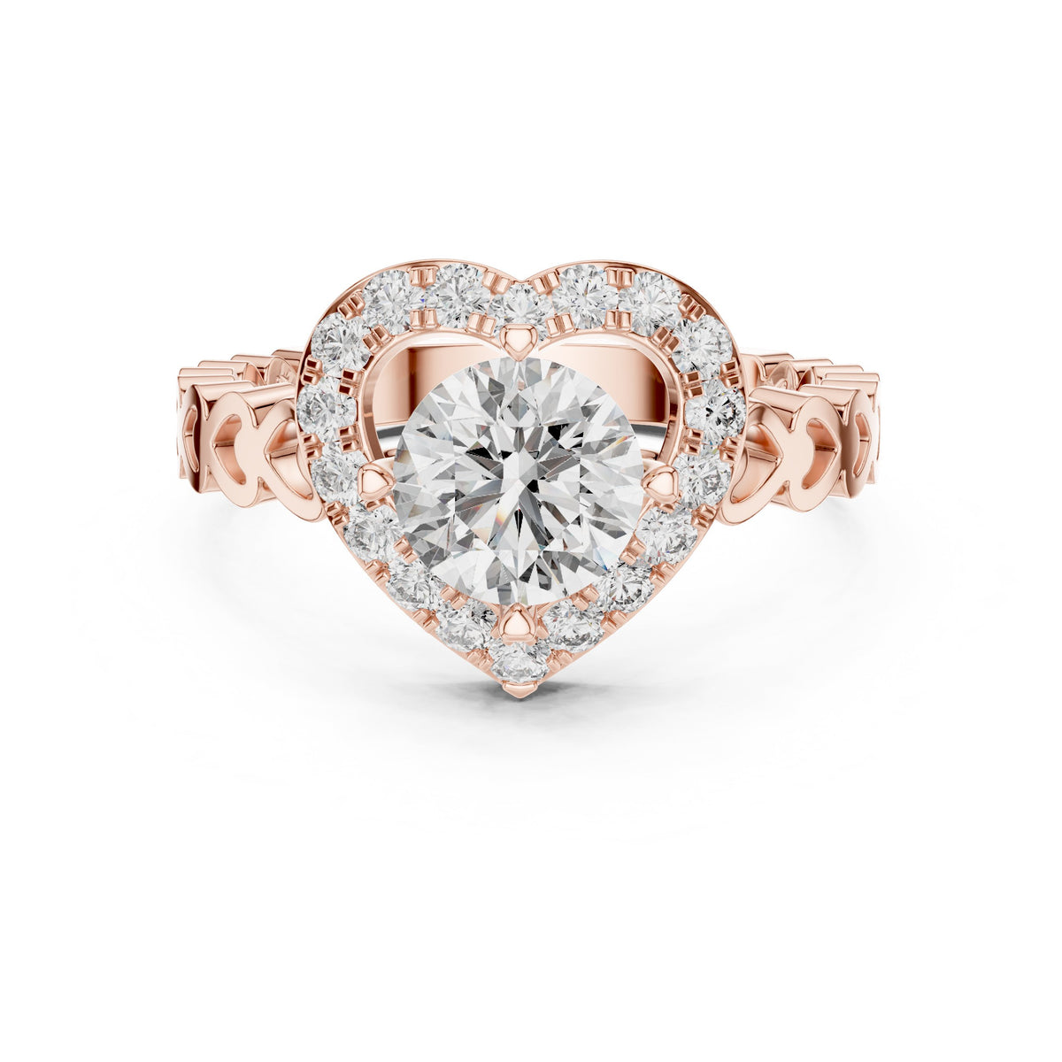 Round Diamond Heart Halo Engagement Ring with Decorative Open Band
