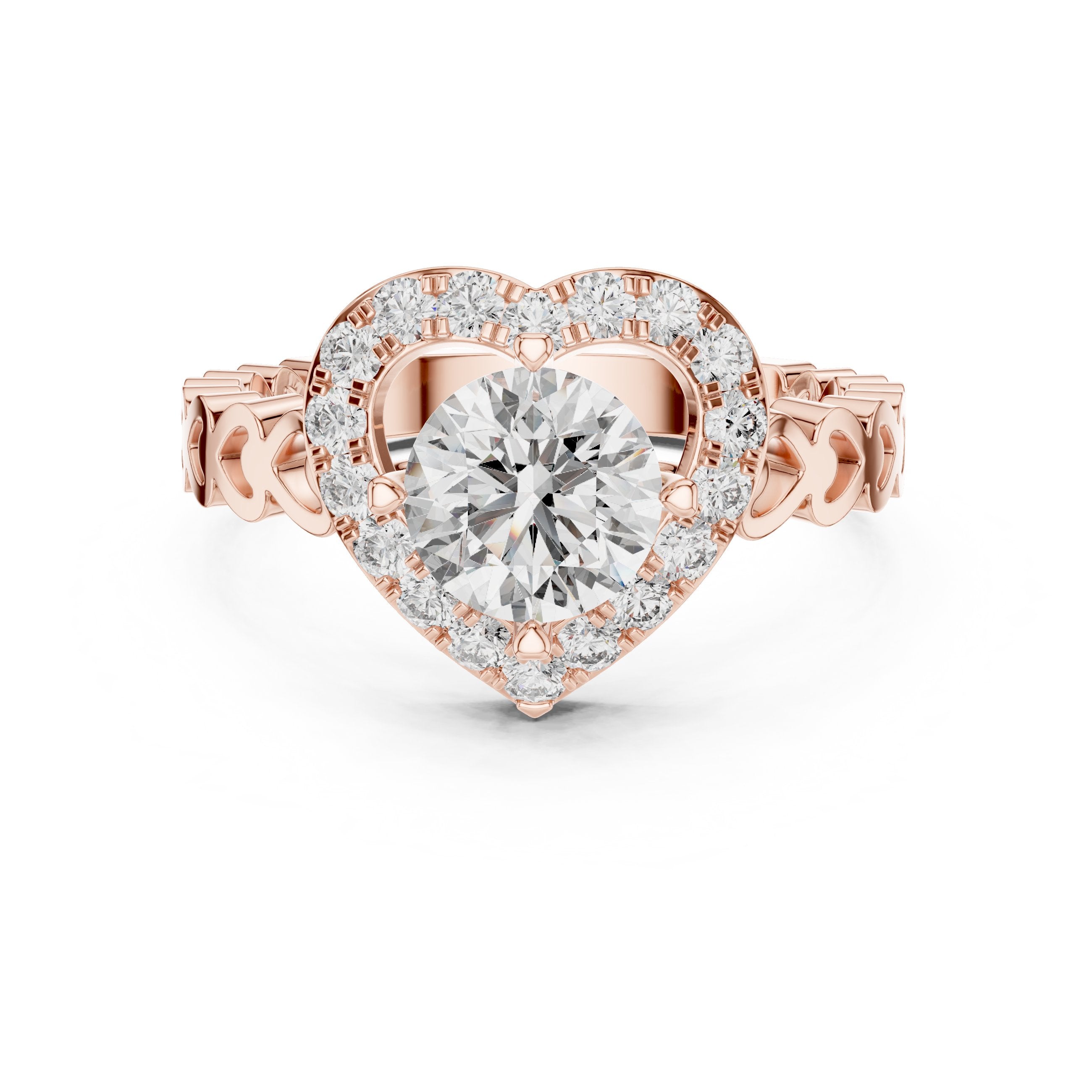 خاتم خطوبة بألماسة مستديرة بهالة قلبية مع سوار مفتوح زخرفي in Rose Gold - VYKA Diamonds
