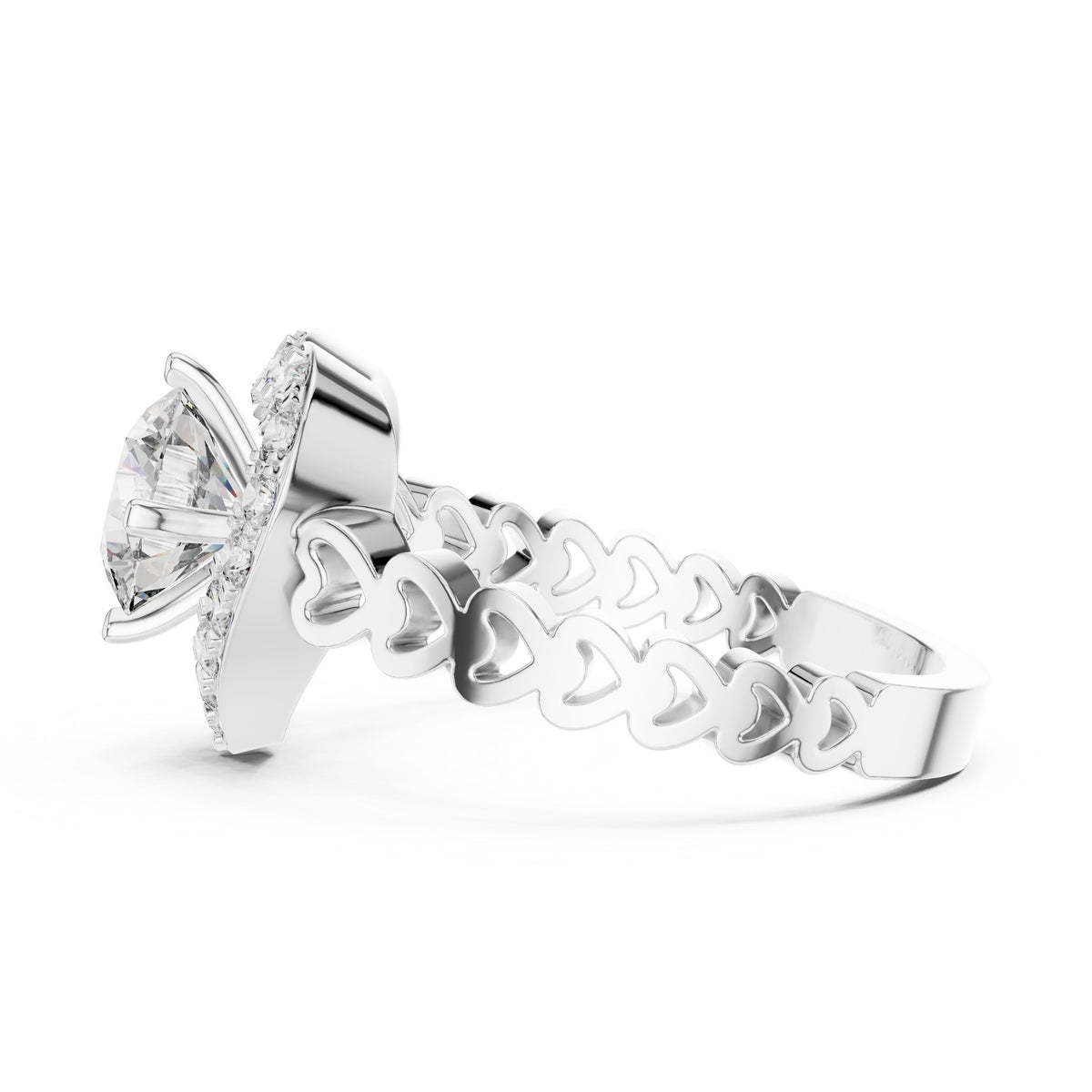Round Diamond Heart Halo Engagement Ring with Decorative Open Band