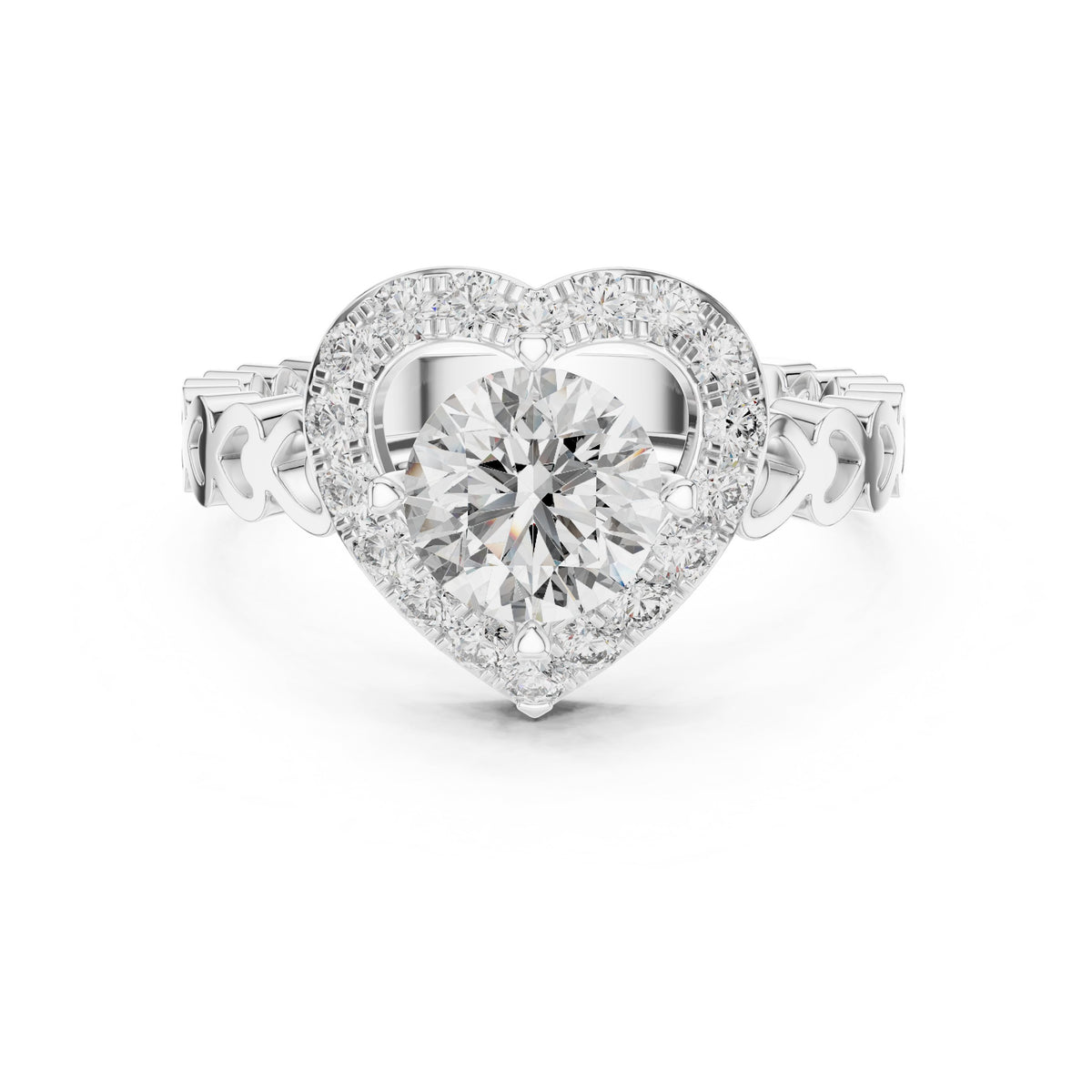 Round Diamond Heart Halo Engagement Ring with Decorative Open Band