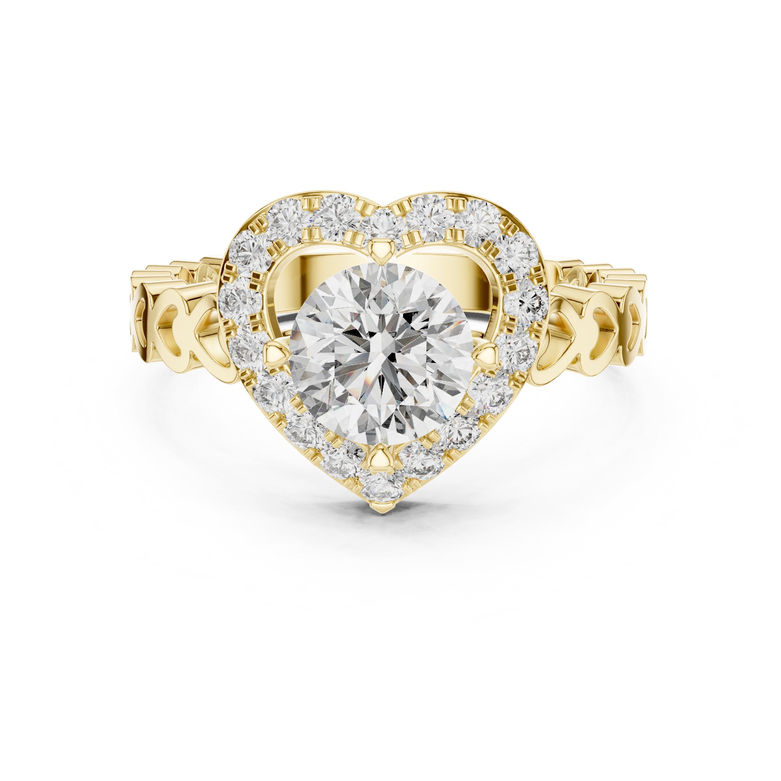 خاتم خطوبة بألماسة مستديرة بهالة قلبية مع سوار مفتوح زخرفي in Yellow Gold - VYKA Diamonds