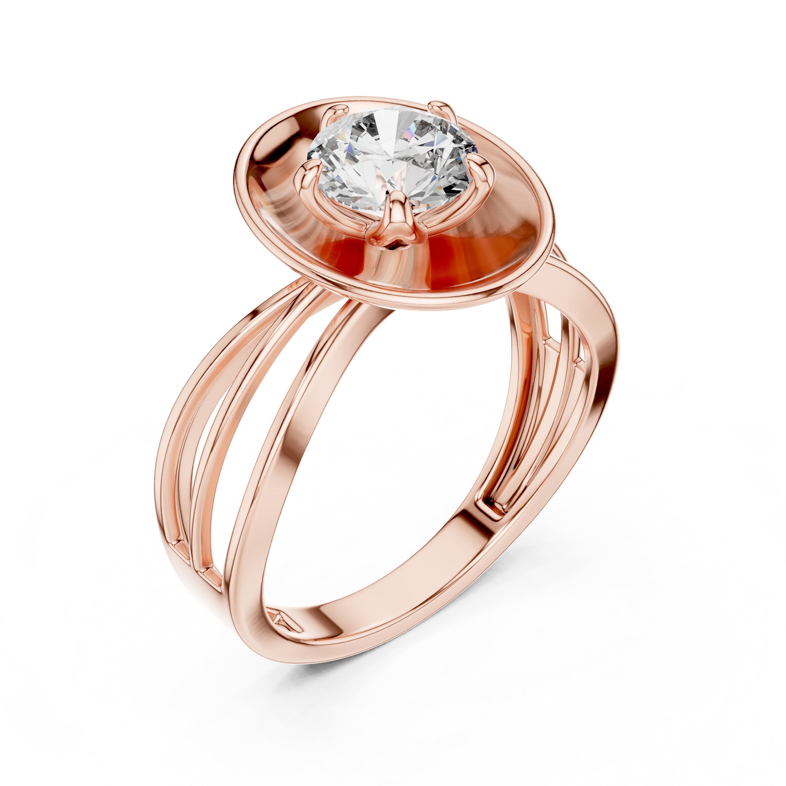 Round Diamond Solitaire Engagement Ring with Oval Bezel Frame in Rose Gold - VYKA Diamonds