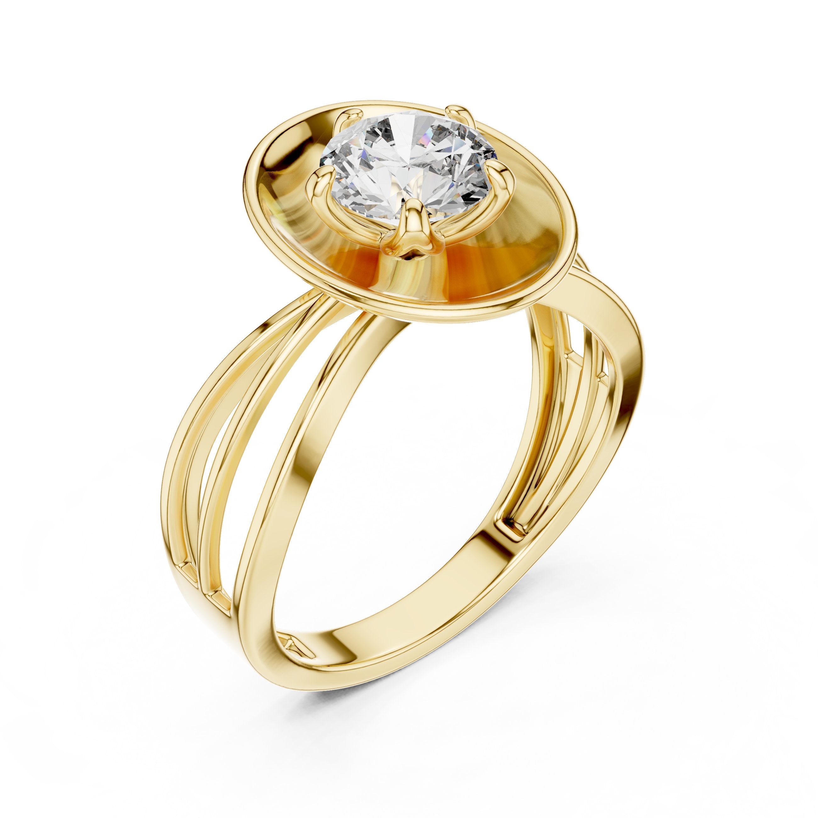 Round Diamond Solitaire Engagement Ring with Oval Bezel Frame in Yellow Gold - VYKA Diamonds
