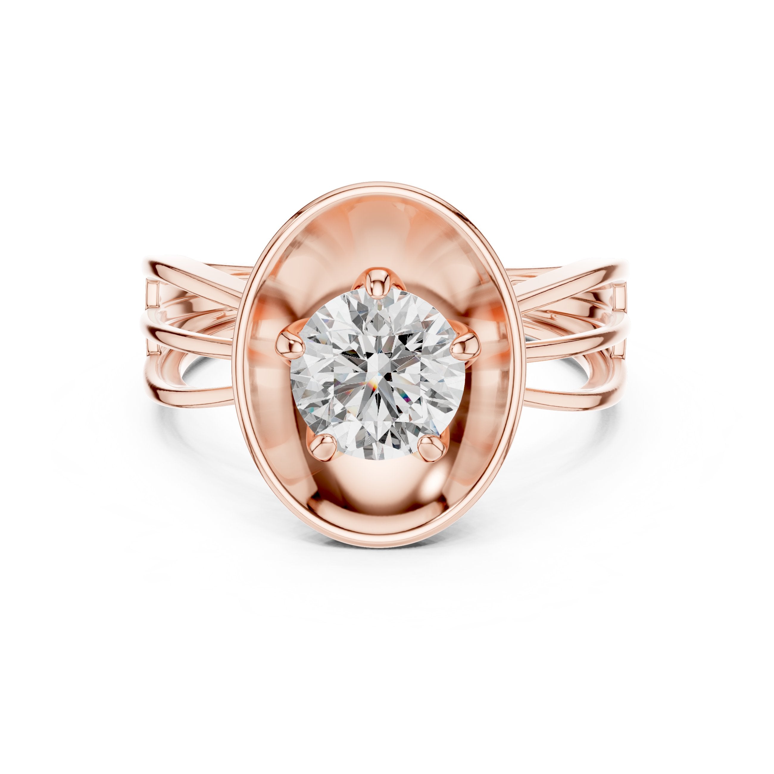 Round Diamond Solitaire Engagement Ring with Oval Bezel Frame in Rose Gold - VYKA Diamonds