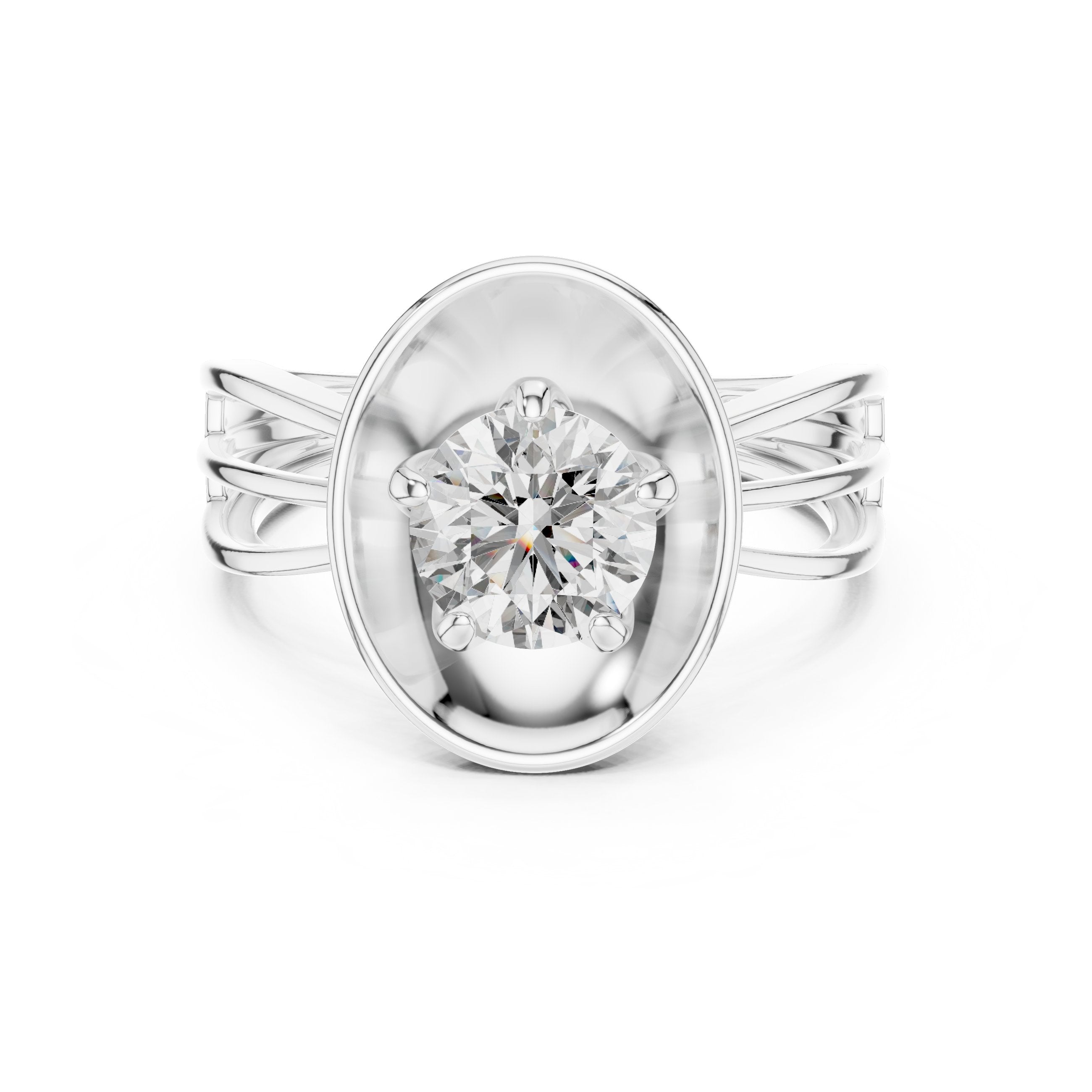 Round Diamond Solitaire Engagement Ring with Oval Bezel Frame in White Gold - VYKA Diamonds