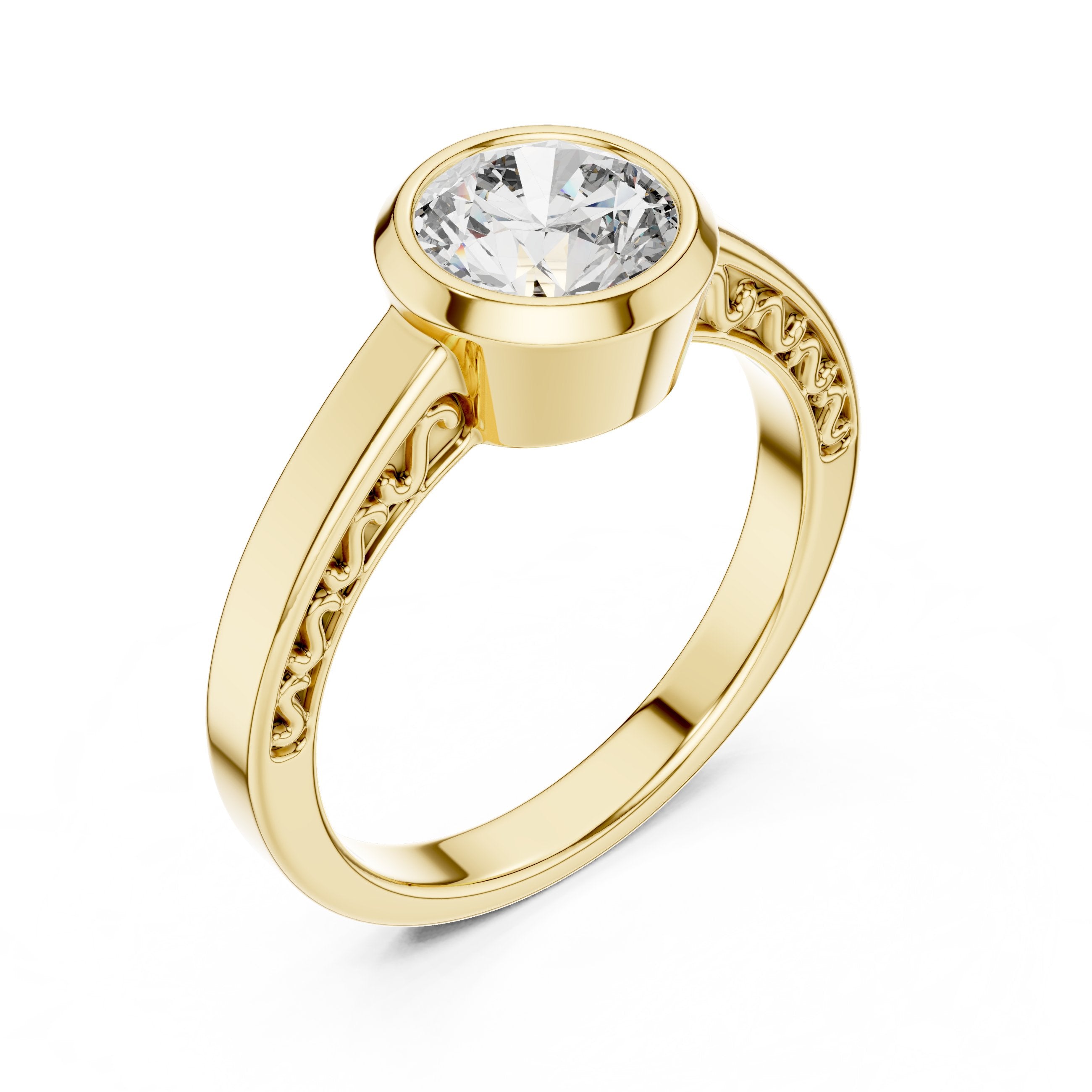 Round Diamond Bezel Set Solitaire Engagement Ring in Yellow Gold - VYKA Diamonds