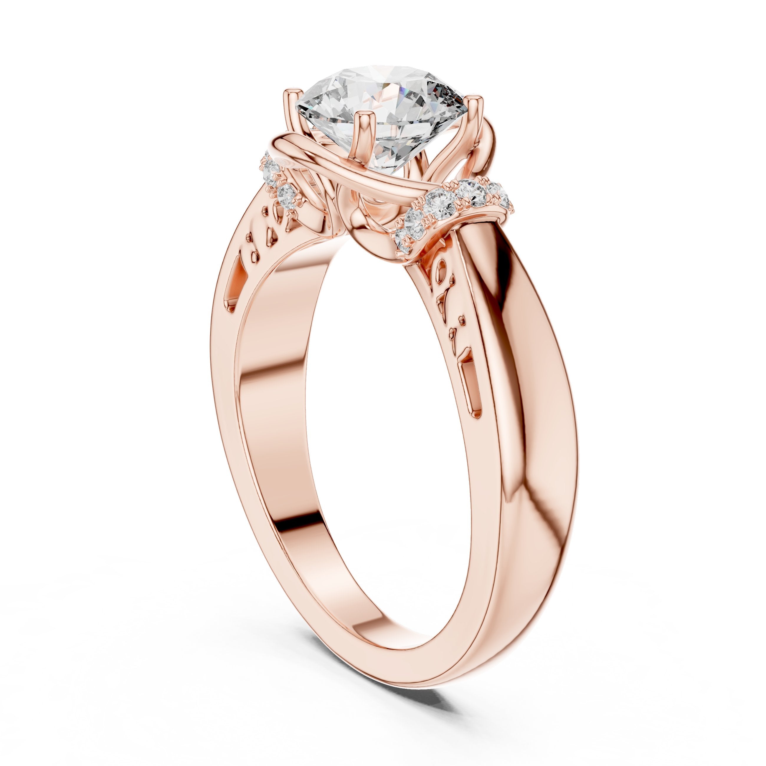 Round Diamond Engagement Ring with Side Leaf Accents and Twisted Shank in Rose Gold - VYKA Diamonds