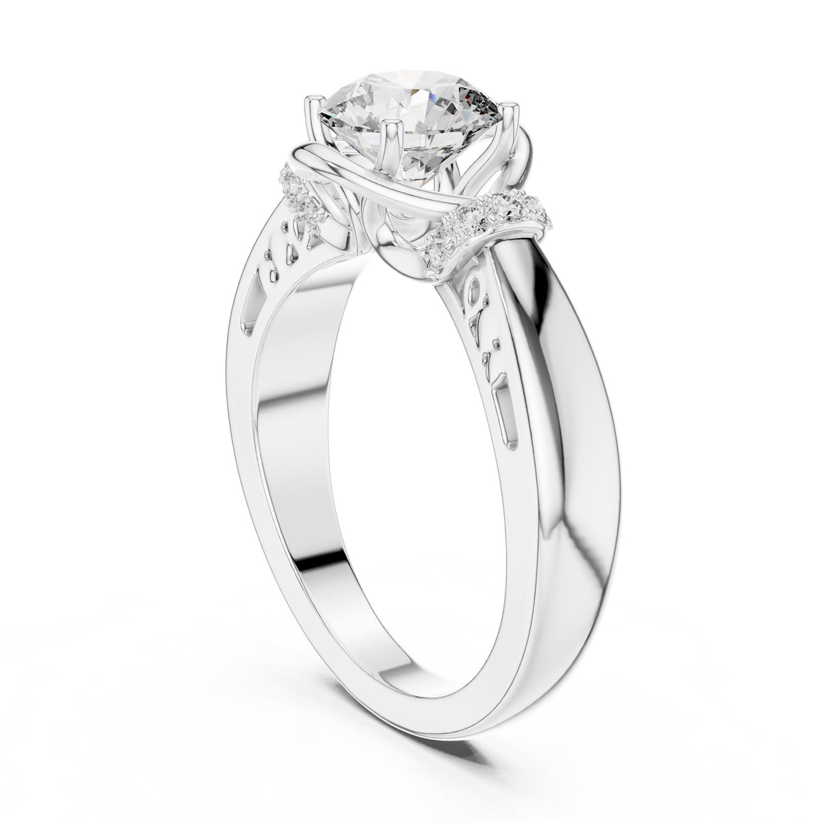 Round Diamond Engagement Ring with Side Leaf Accents and Twisted Shank
