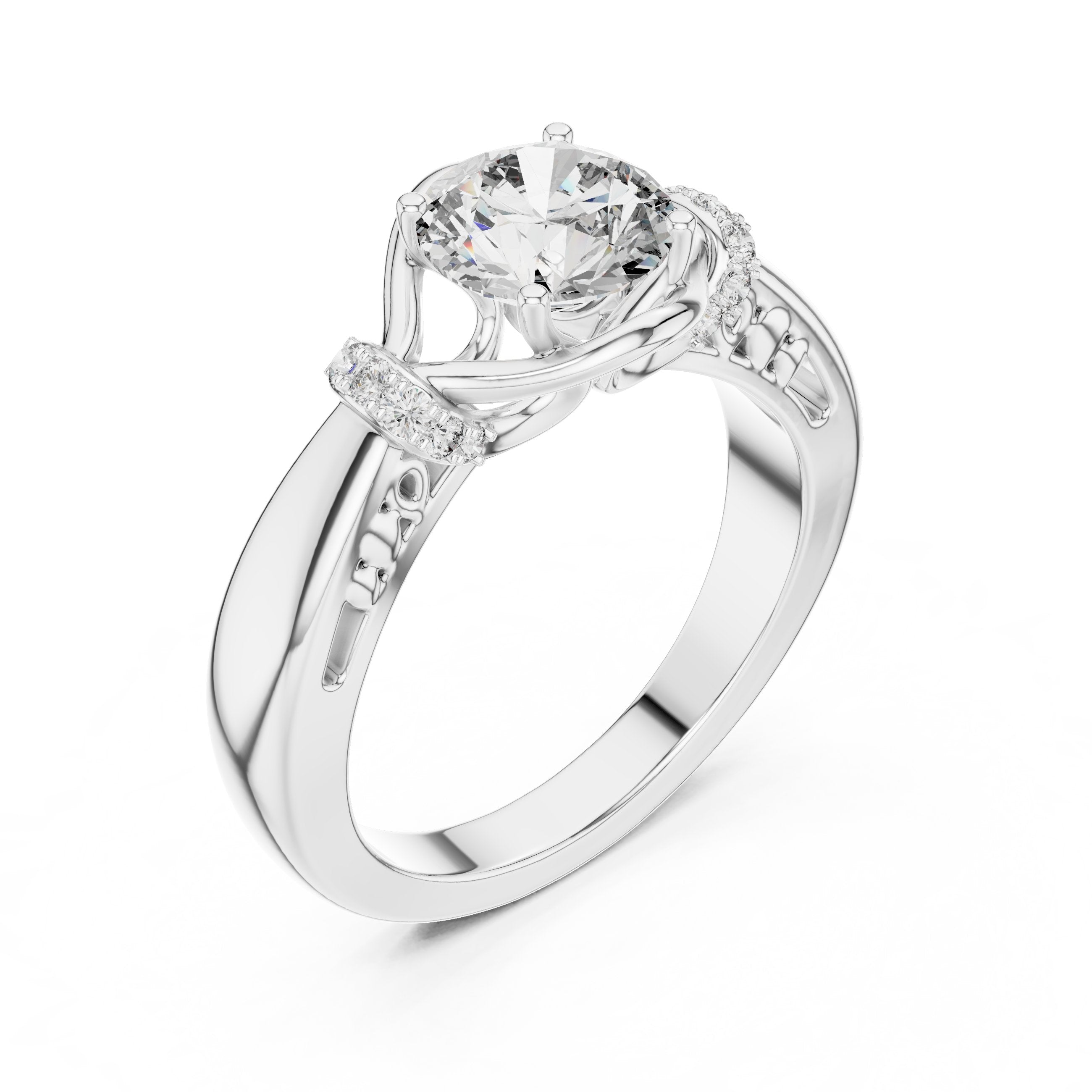 Round Diamond Engagement Ring with Side Leaf Accents and Twisted Shank in White Gold - VYKA Diamonds
