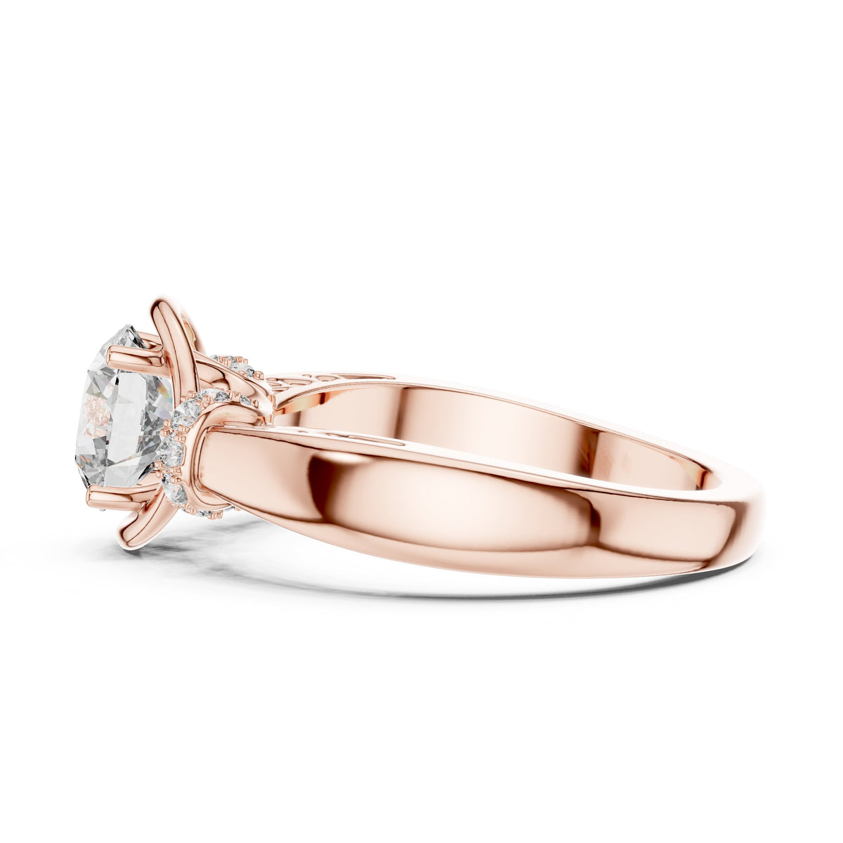 Round Diamond Engagement Ring with Side Leaf Accents and Twisted Shank