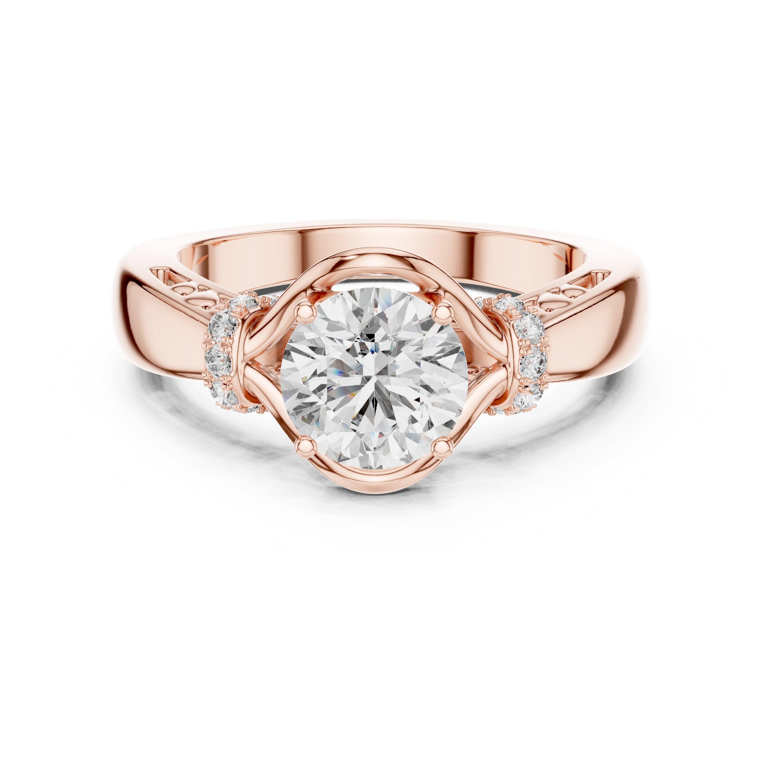 Round Diamond Engagement Ring with Side Leaf Accents and Twisted Shank in Rose Gold - VYKA Diamonds
