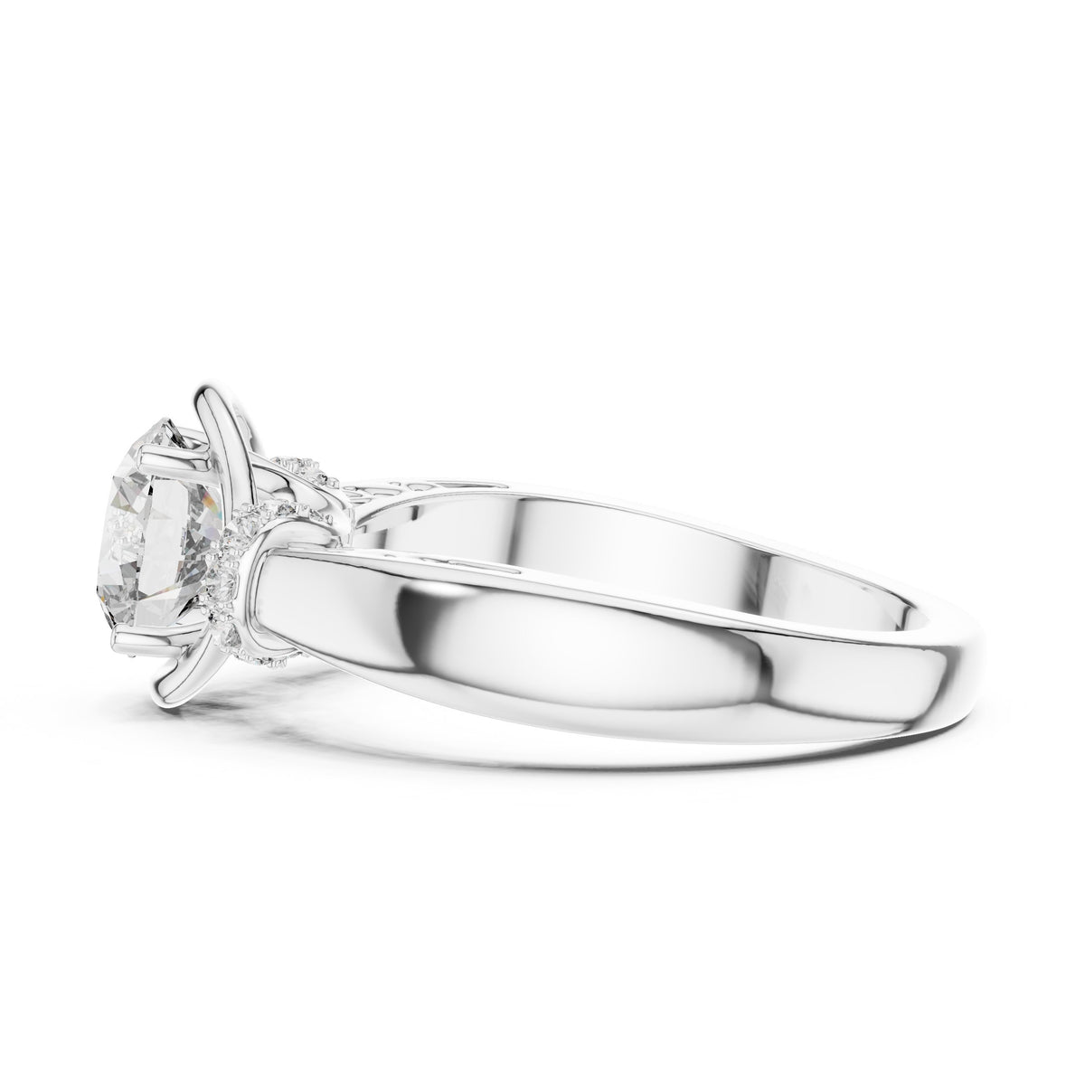 Round Diamond Engagement Ring with Side Leaf Accents and Twisted Shank