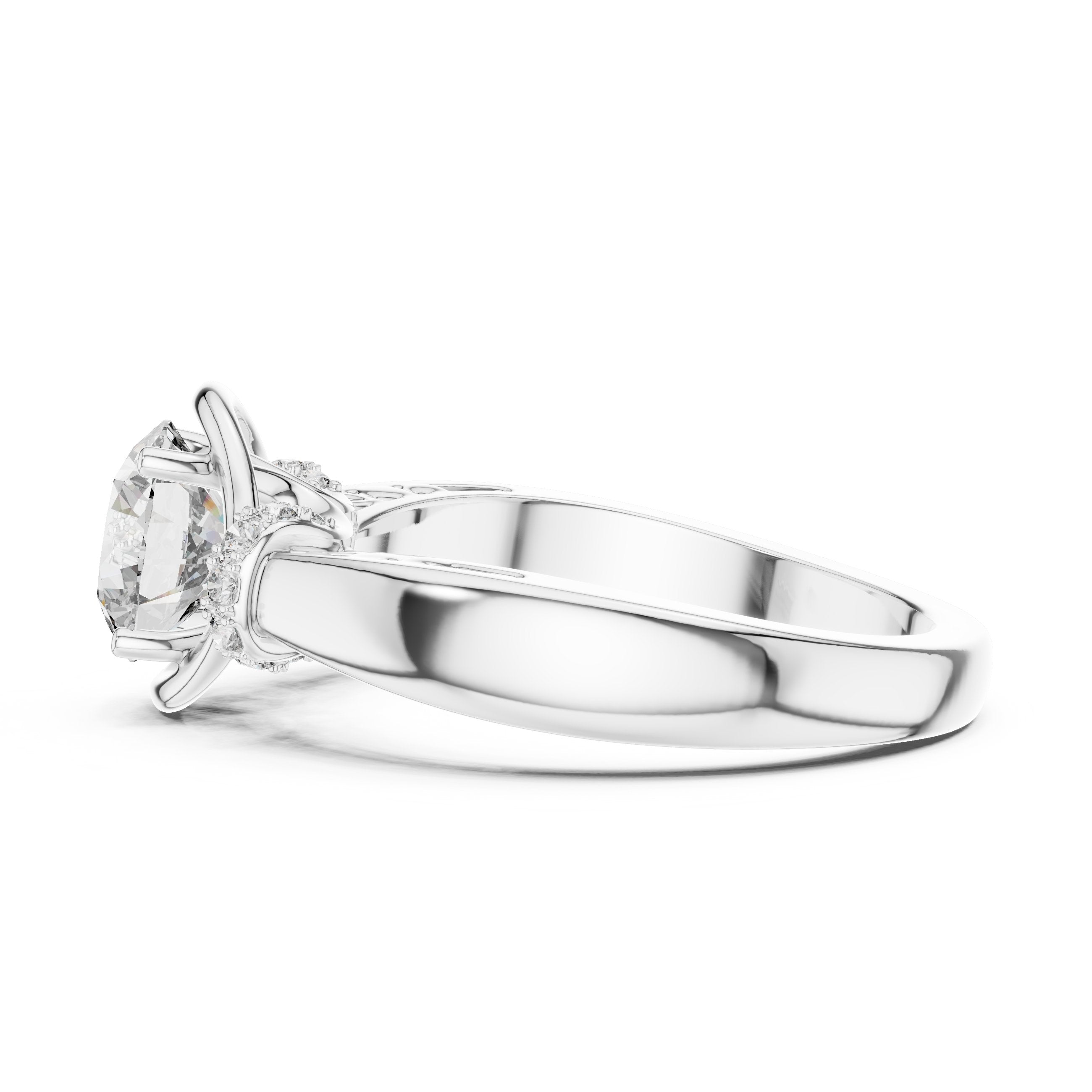 Round Diamond Engagement Ring with Side Leaf Accents and Twisted Shank in White Gold - VYKA Diamonds