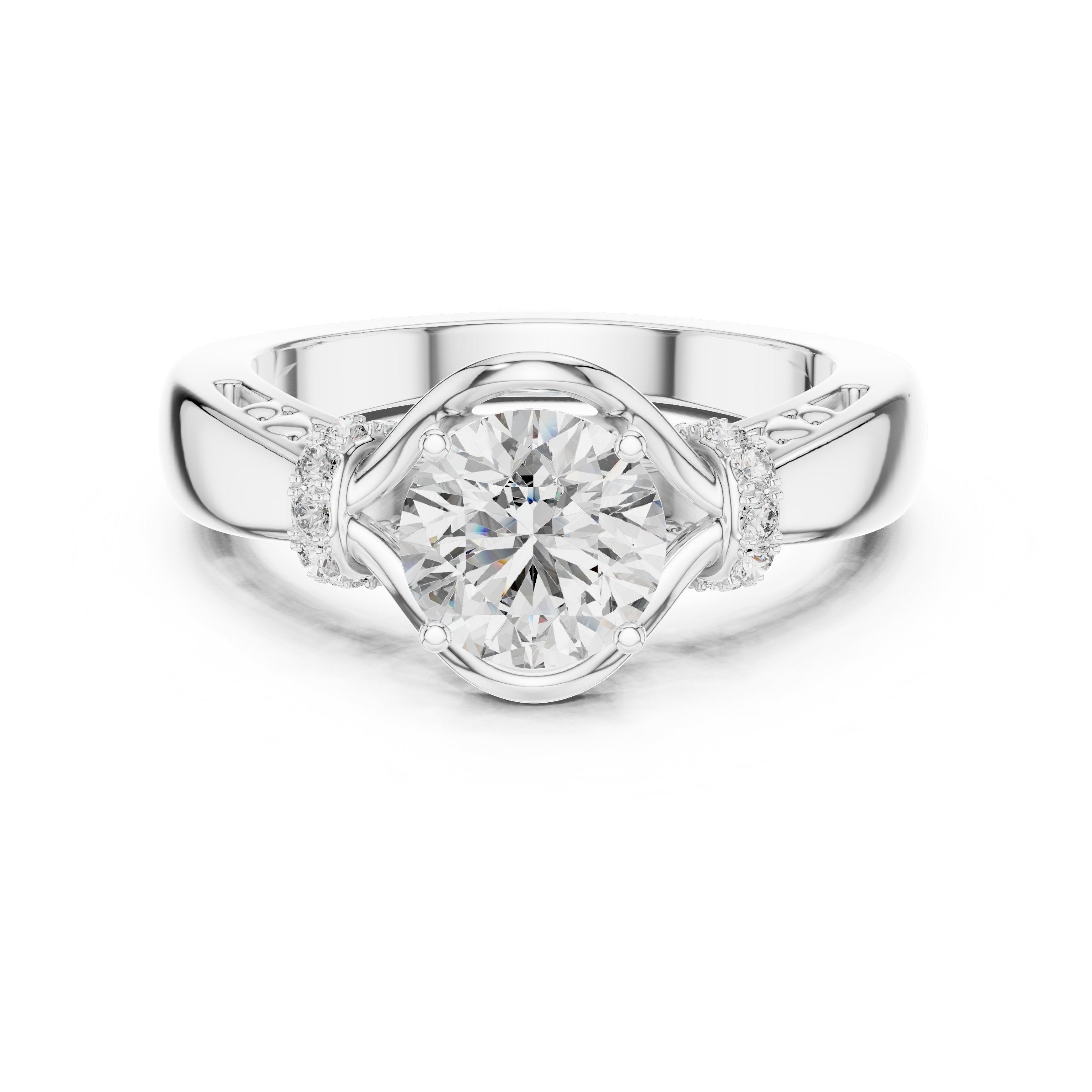 Round Diamond Engagement Ring with Side Leaf Accents and Twisted Shank in White Gold - VYKA Diamonds