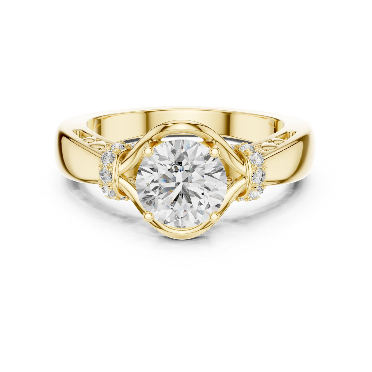 Round Diamond Engagement Ring with Side Leaf Accents and Twisted Shank