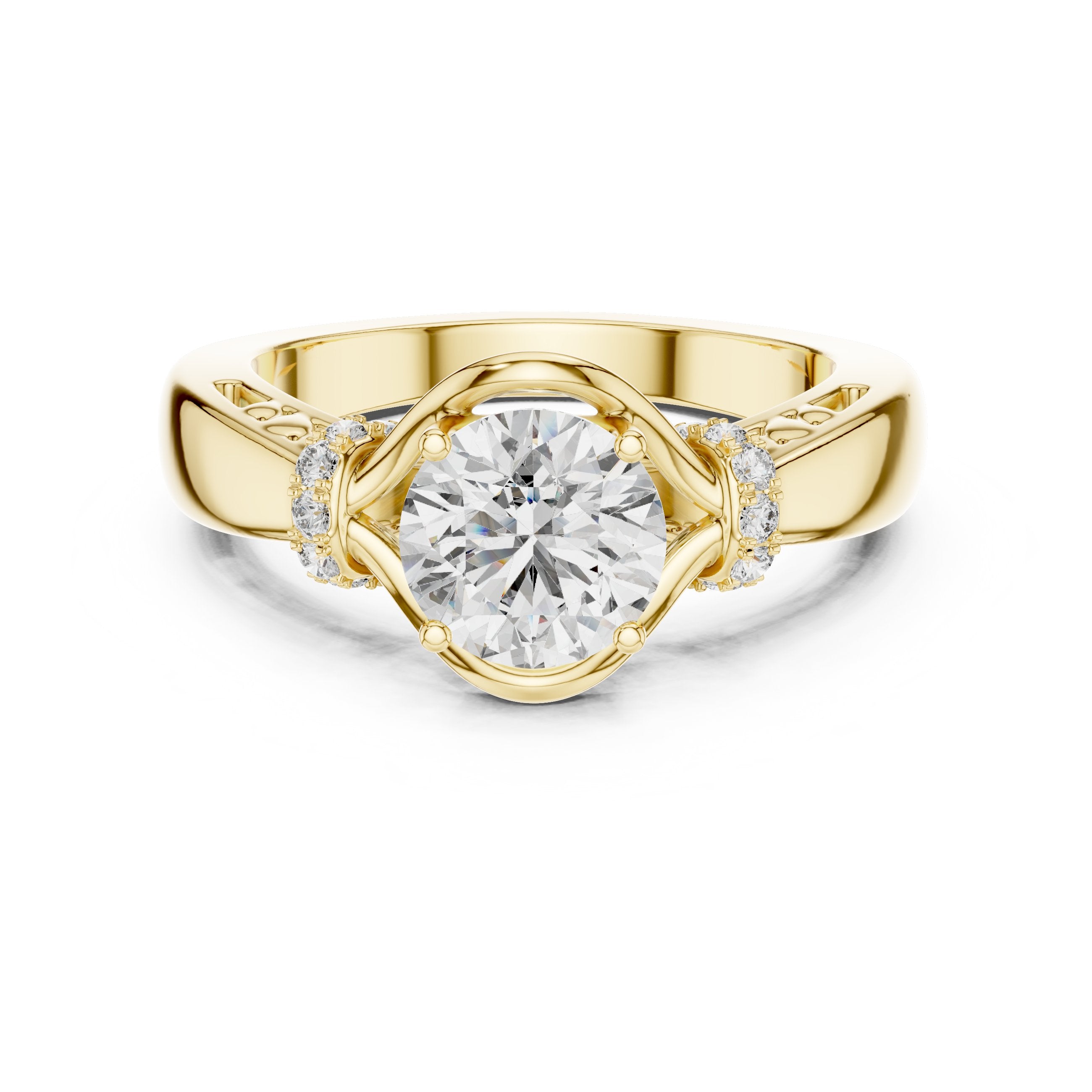 Round Diamond Engagement Ring with Side Leaf Accents and Twisted Shank in Yellow Gold - VYKA Diamonds