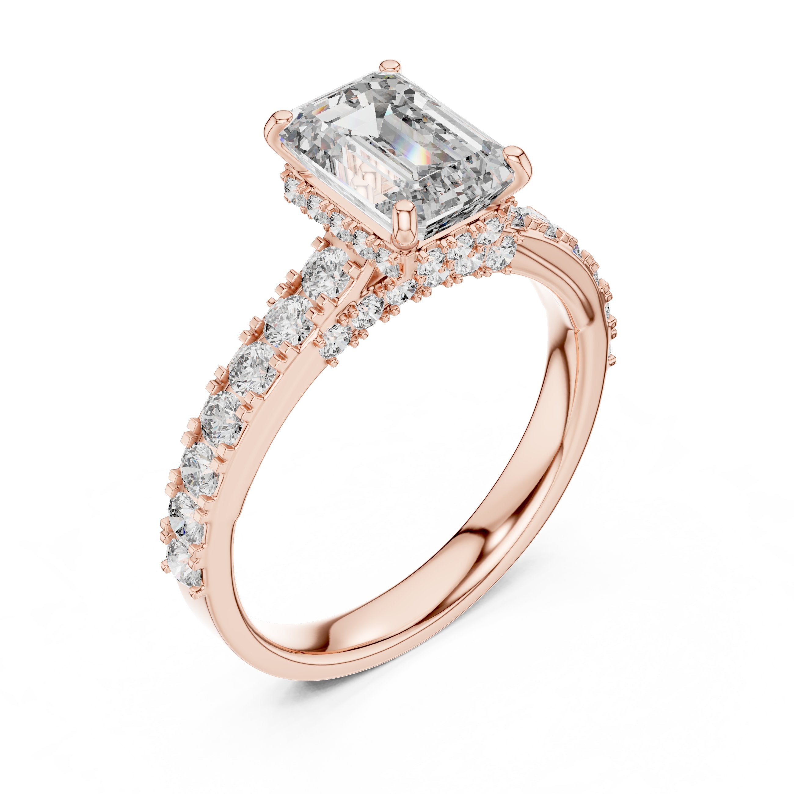 Emerald Cut Engagement Ring with Pavé Band in Rose Gold - VYKA Diamonds