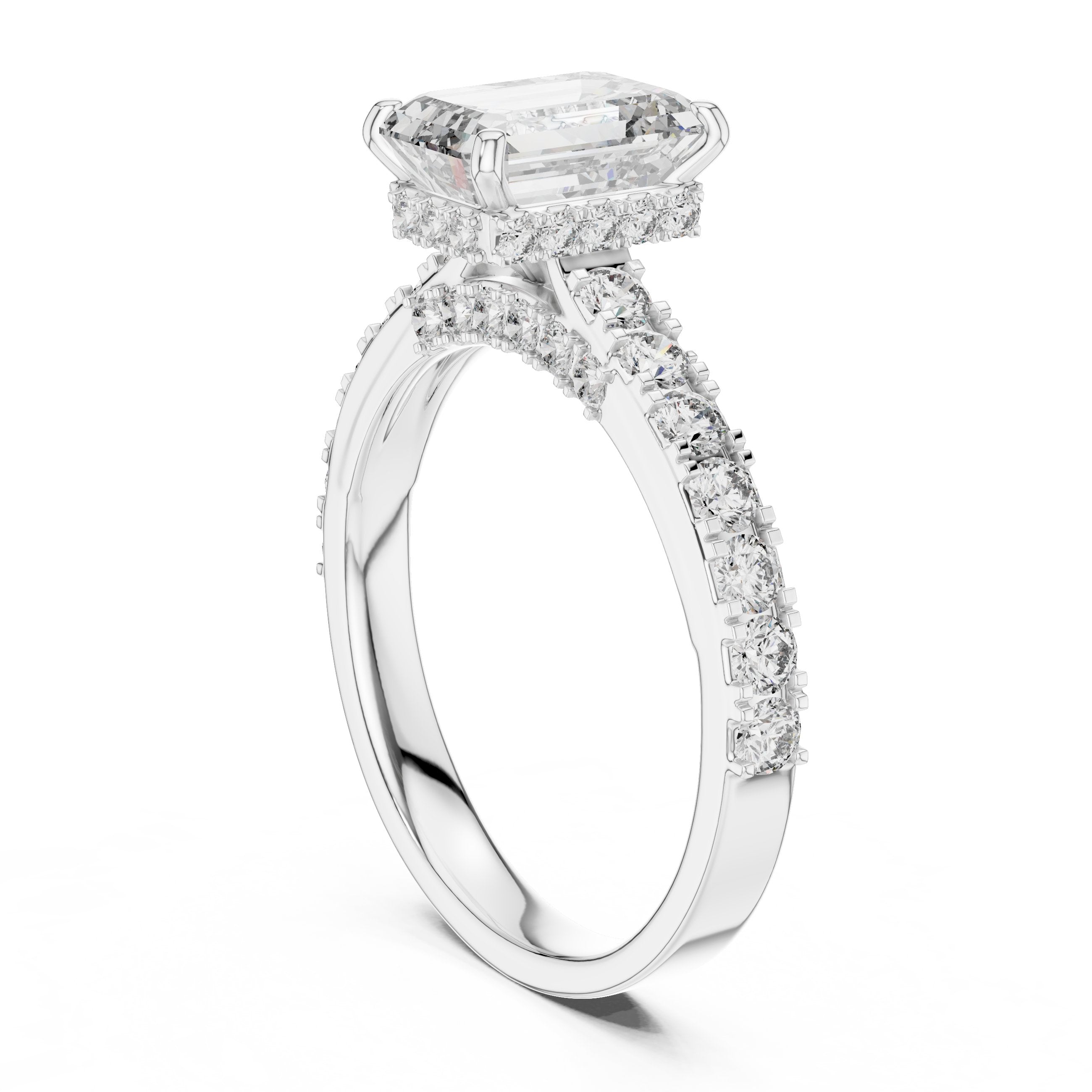 Emerald Cut Engagement Ring with Pavé Band in White Gold - VYKA Diamonds