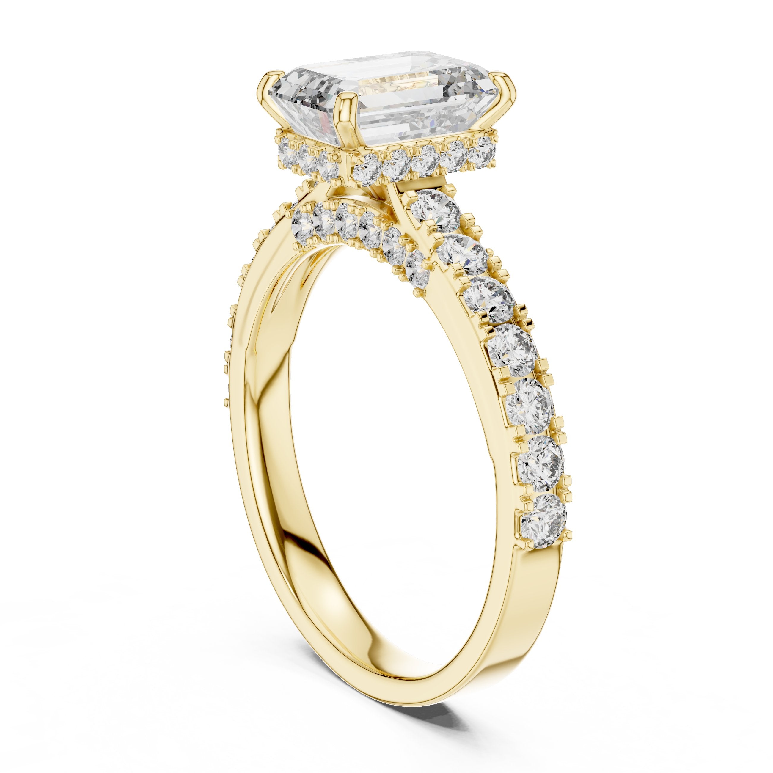 Emerald Cut Engagement Ring with Pavé Band in Yellow Gold - VYKA Diamonds