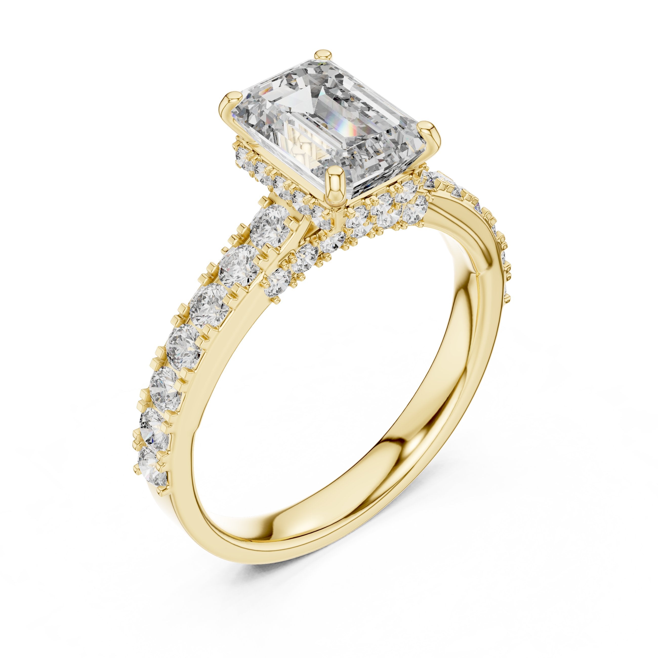 Emerald Cut Engagement Ring with Pavé Band in Yellow Gold - VYKA Diamonds