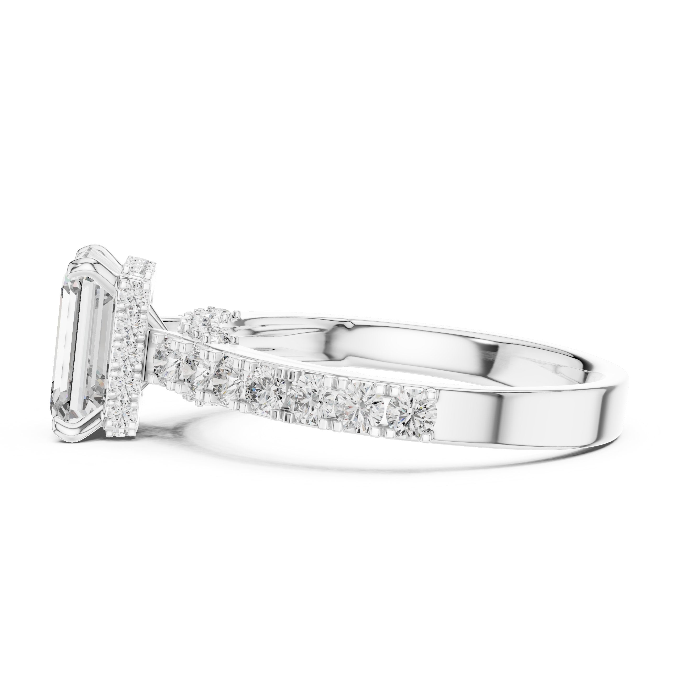 Emerald Cut Engagement Ring with Pavé Band in White Gold - VYKA Diamonds