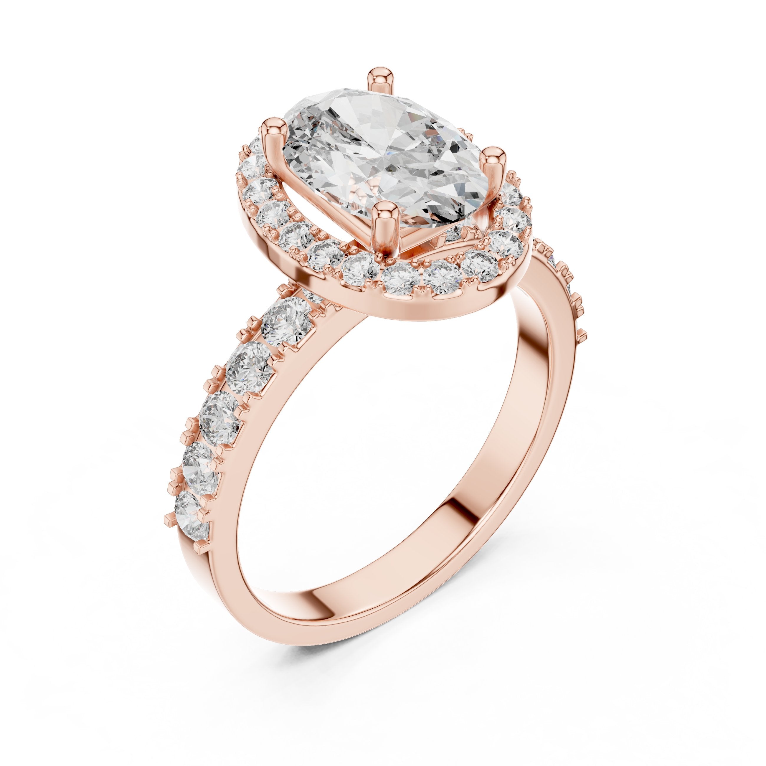 Oval Diamond Halo Engagement Ring with Double Row Pavé Band in Rose Gold - VYKA Diamonds